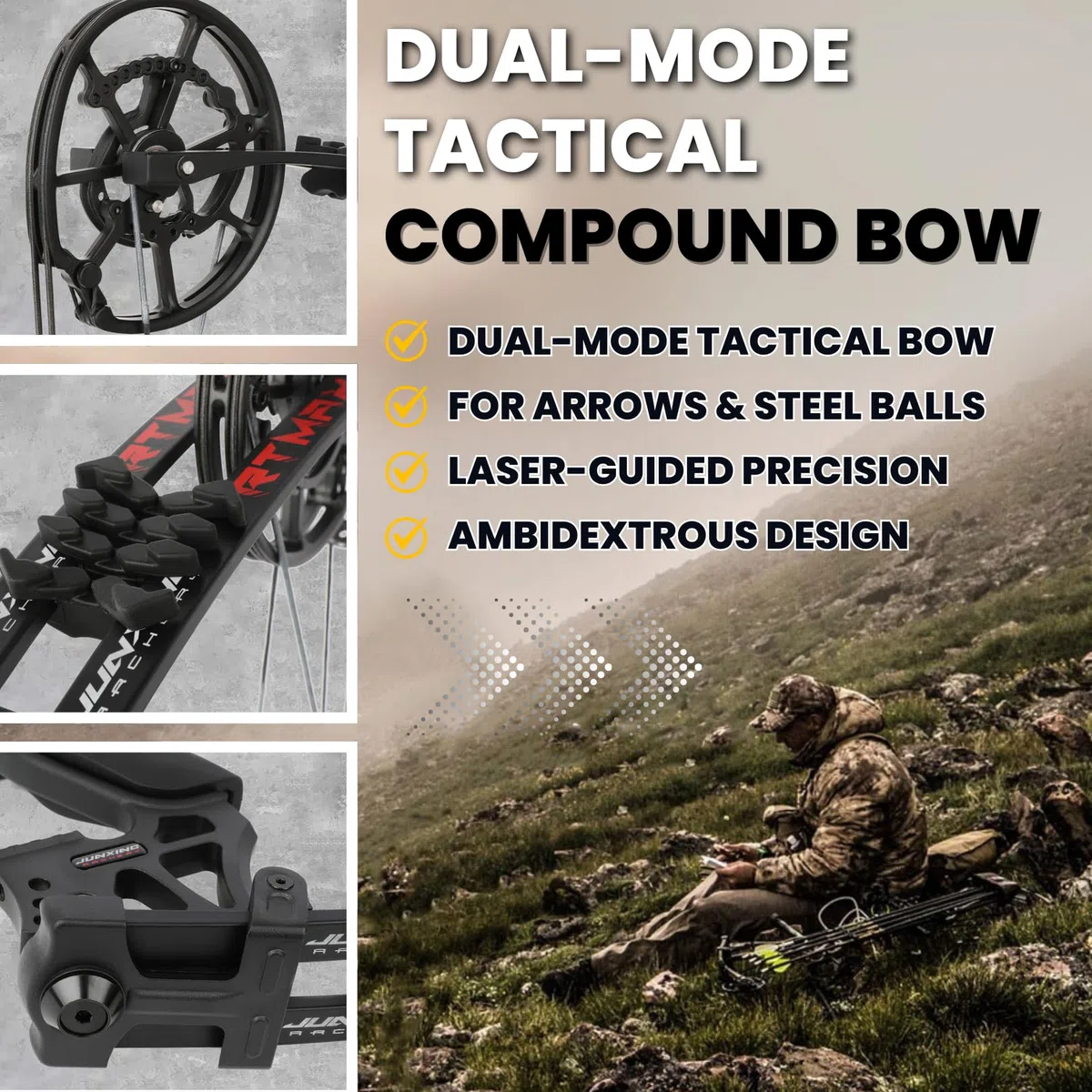 Kit Arco Composto da Caccia Adulti / 20" Doppio Uso per Frecce & Palle Acciaio/Potenza Regolabile 40-70 lbs/Velocità 330 FPS/Nero Destro-Mancino