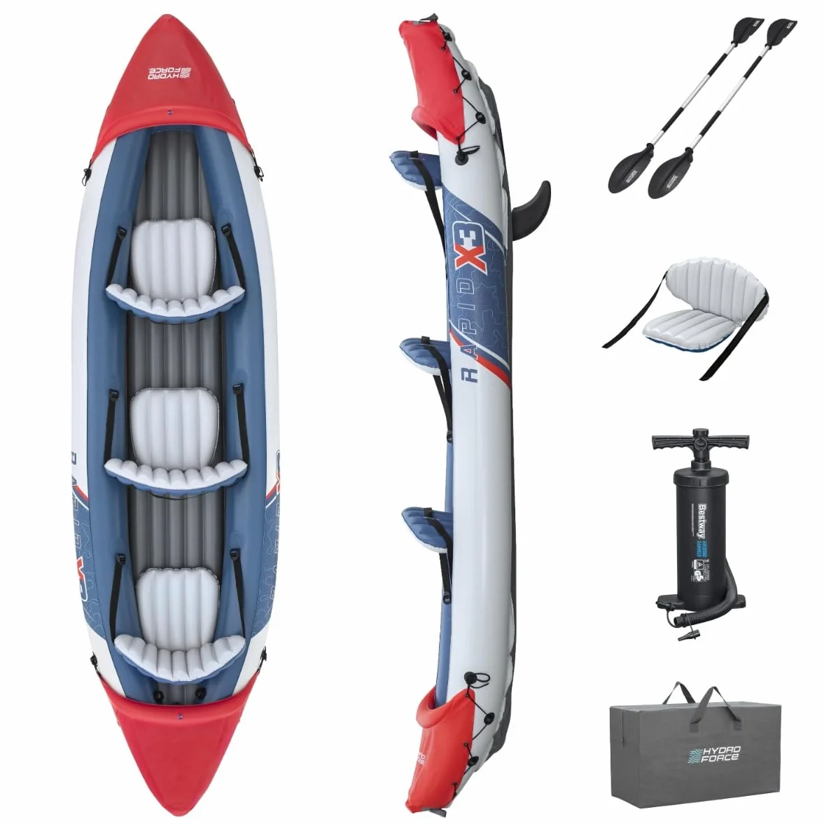 Bestway Hydro-Force 3 Person Inflatable Kayak Set with Aluminium Oars and Hand Pump, 3 Man Kayak