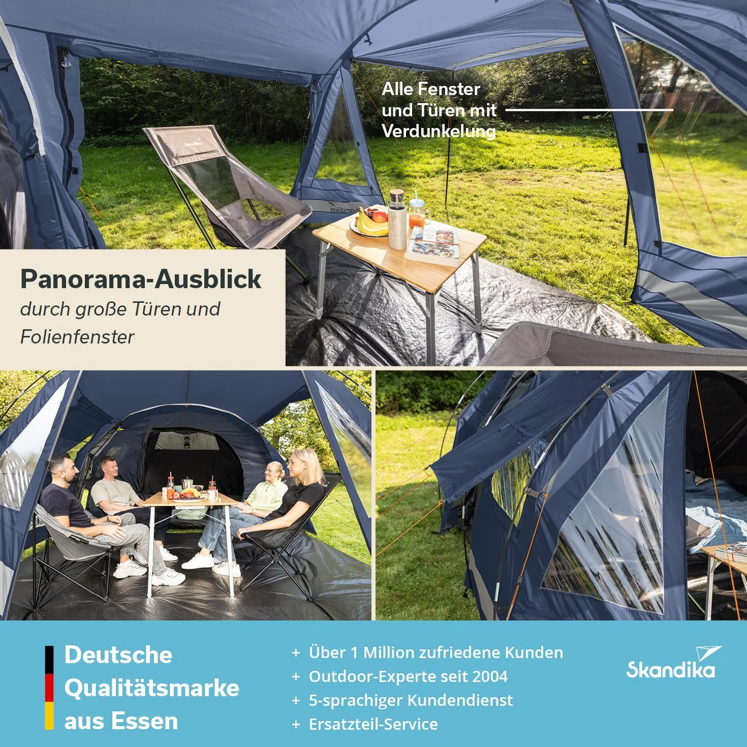 Skandika Kambo - Tenda de campeggio tunnel - 4 persone - Impermeabile con 3000 colonne d'acqua - 3 ingressi - tenda da sole