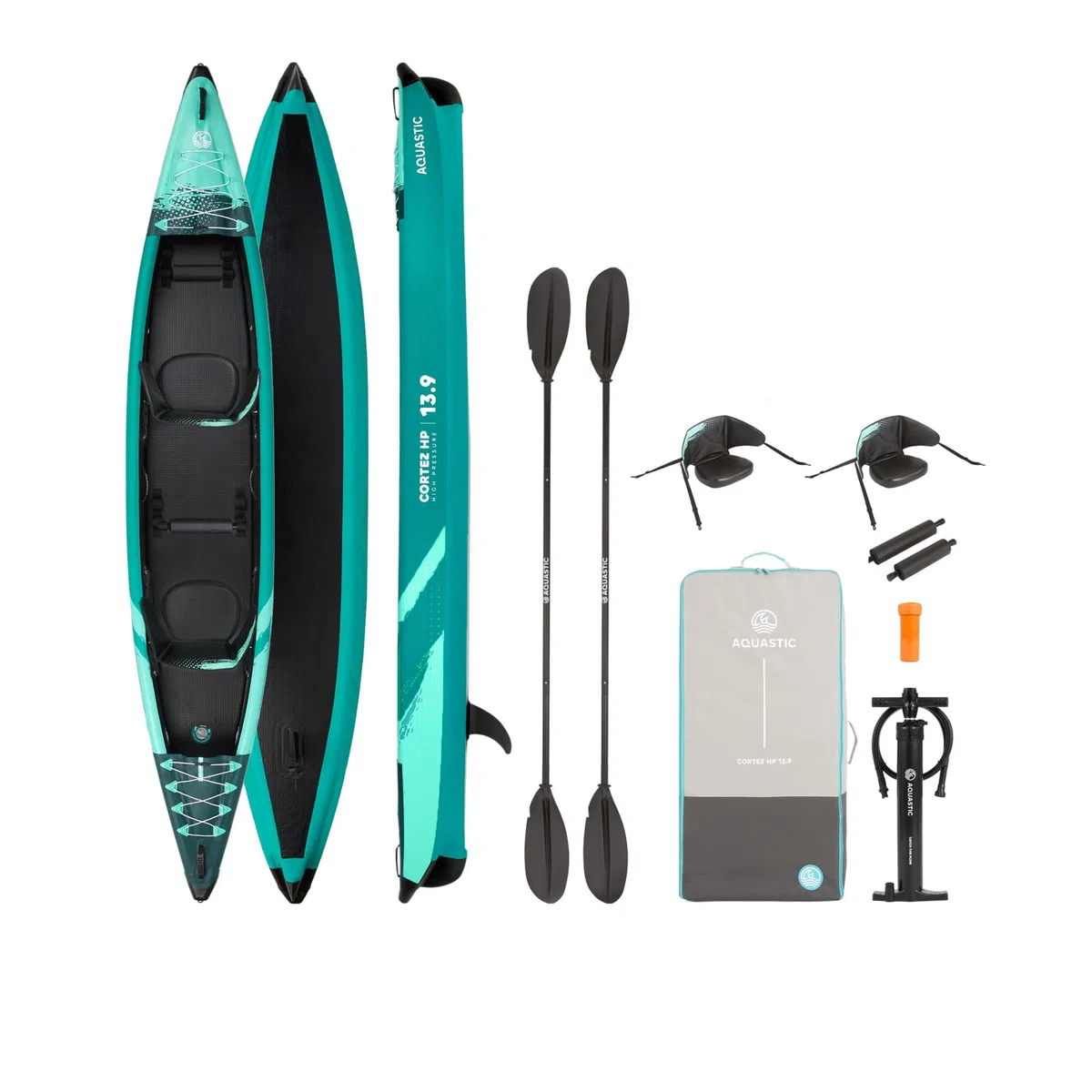 AQUASTIC Cortez 13'9" - Kayak gonfiabile per il tempo libero per due persone, 3 camere, chiodo a V, capacità di carico fino a 200 kg, attrezzatura: 2 posti, 2 pagaie, pompa, pinne, zaino