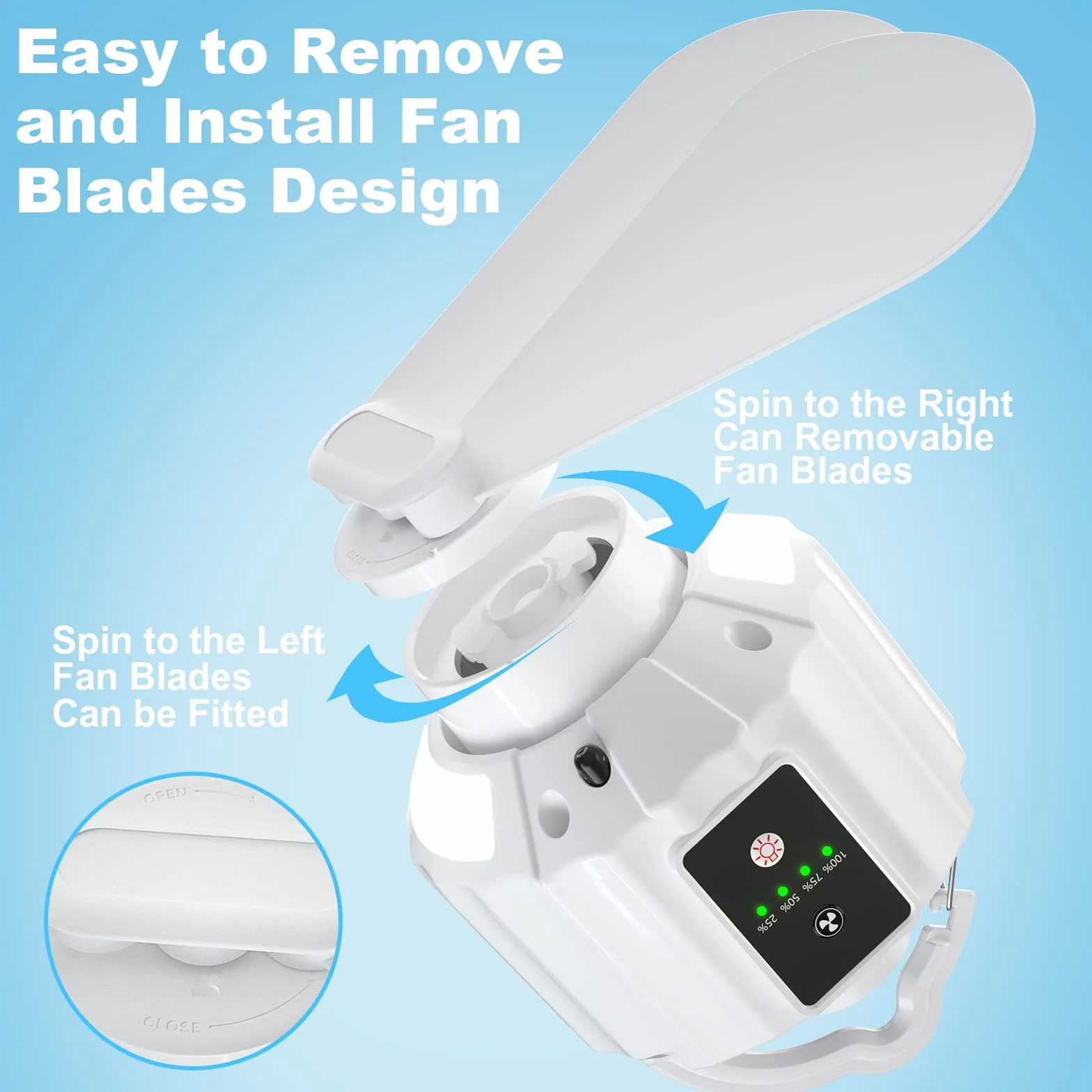 Ventilatore da Campeggio con Lanterna LED, Ventilatore da Campeggio Ricaricabile USB per Tende, Telecomando, Pale del Ventilatore Staccabili,Timer, per Picnic,Tende,Viaggi,Emergenza (Bianco)