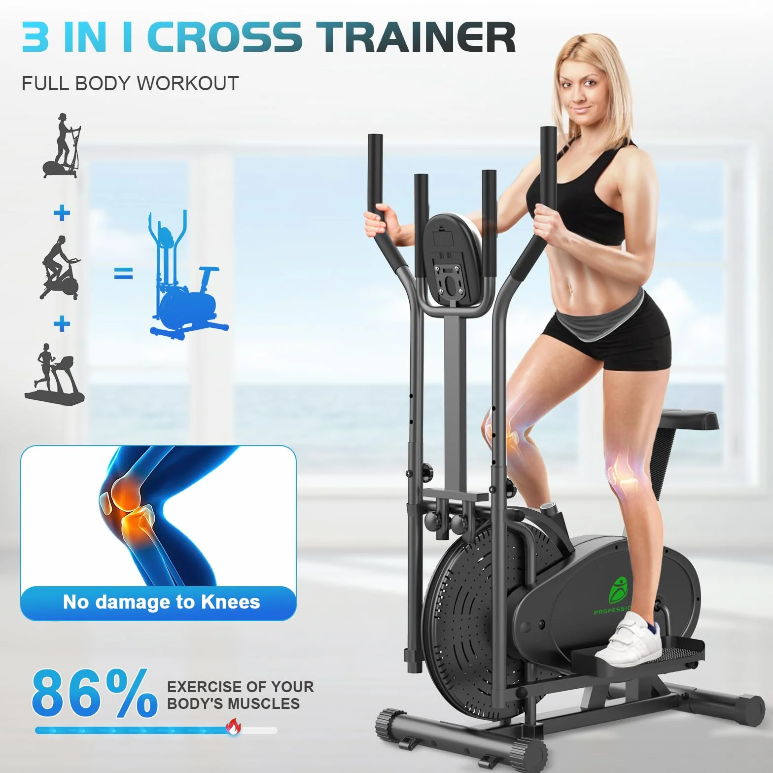 Ellittiche, 2 in 1 Ellittica e Cyclette con Sedile, Monitor LCD, Resistenza regolabile, Pedali Antiscivolo, Macchina per l'allenamento Ellittico, Stepper per l'allenamento Cardio da Casa