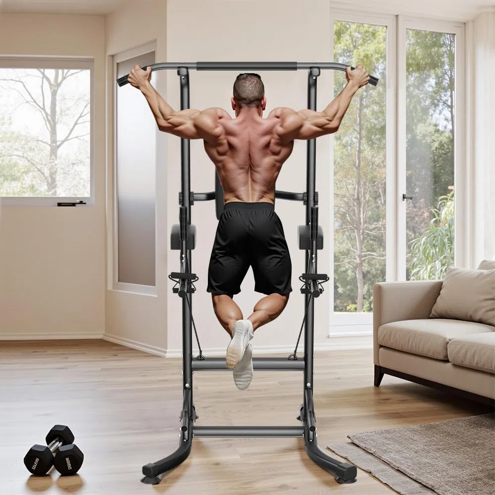 Torre da Allenamento con Barra per Trazioni e Stazione Dip per Palestra Domestica, Altezza Regolabile, Portata 150 KG con Ventole Antiscivolo, Base in Acciaio a Forma di H