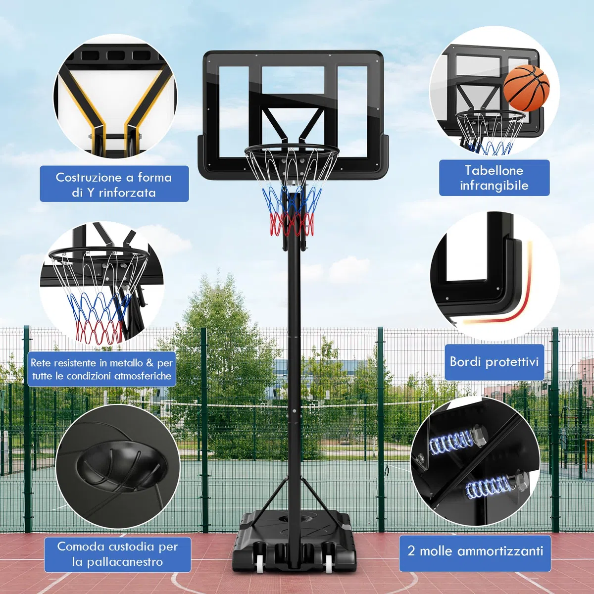 GYMAX Canestro da Basket Portatile, Canestro Basket Regolabile in Altezza 143-305 cm con Tabellone in PET, Cerchio in Metallo Solido da 48 cm e 2 Ruote, per Adulti, Adolescenti