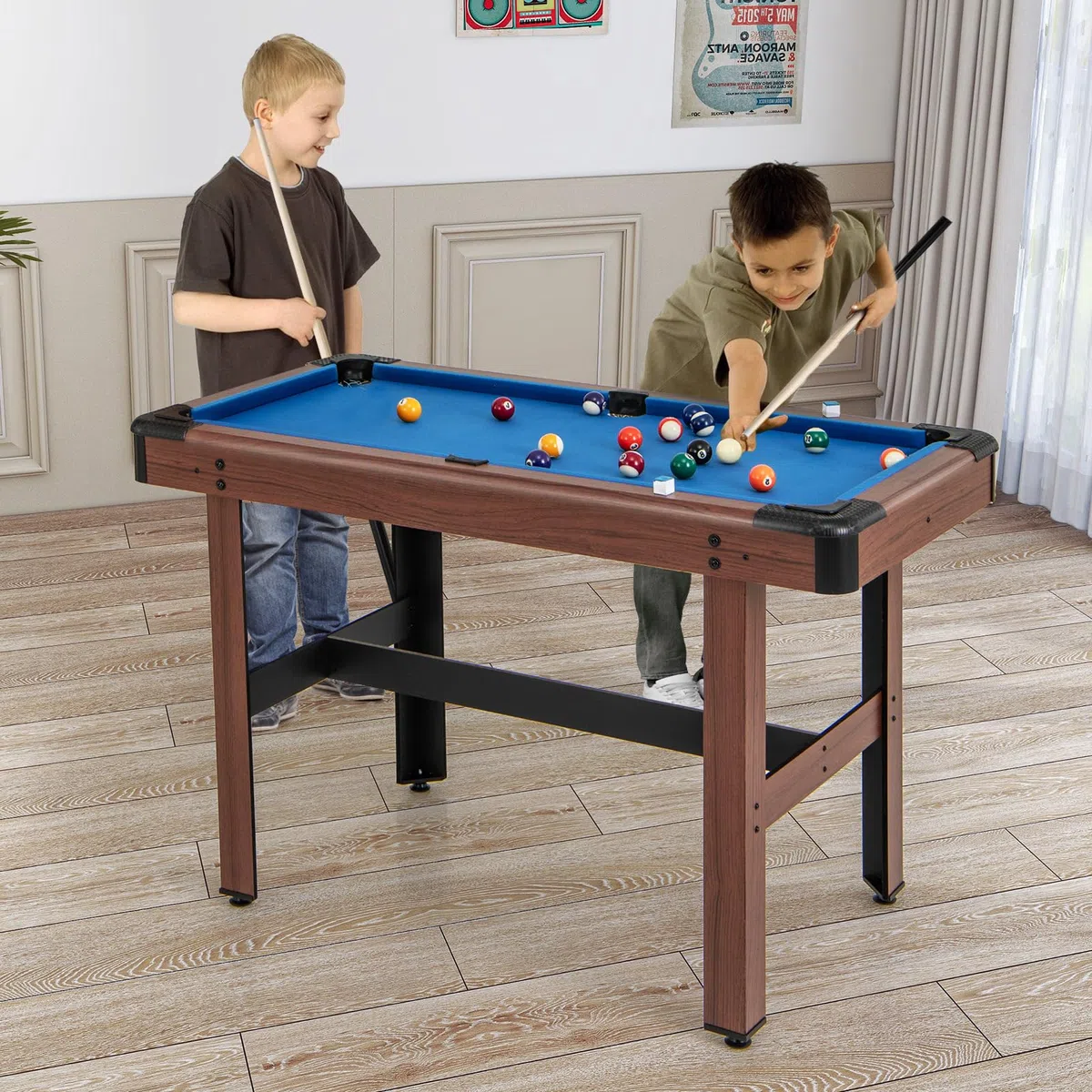 HOMASIS Tavolo da Biliardo, Mini Tavolo da Biliardo in Legno con 16 Palline, 2 Steccole, 2 Gessi, Triangolo, Spazzola, Gioco da Carambola da Casa, Bar, per Bambini e Adulti, 122 x 61 x 76 cm