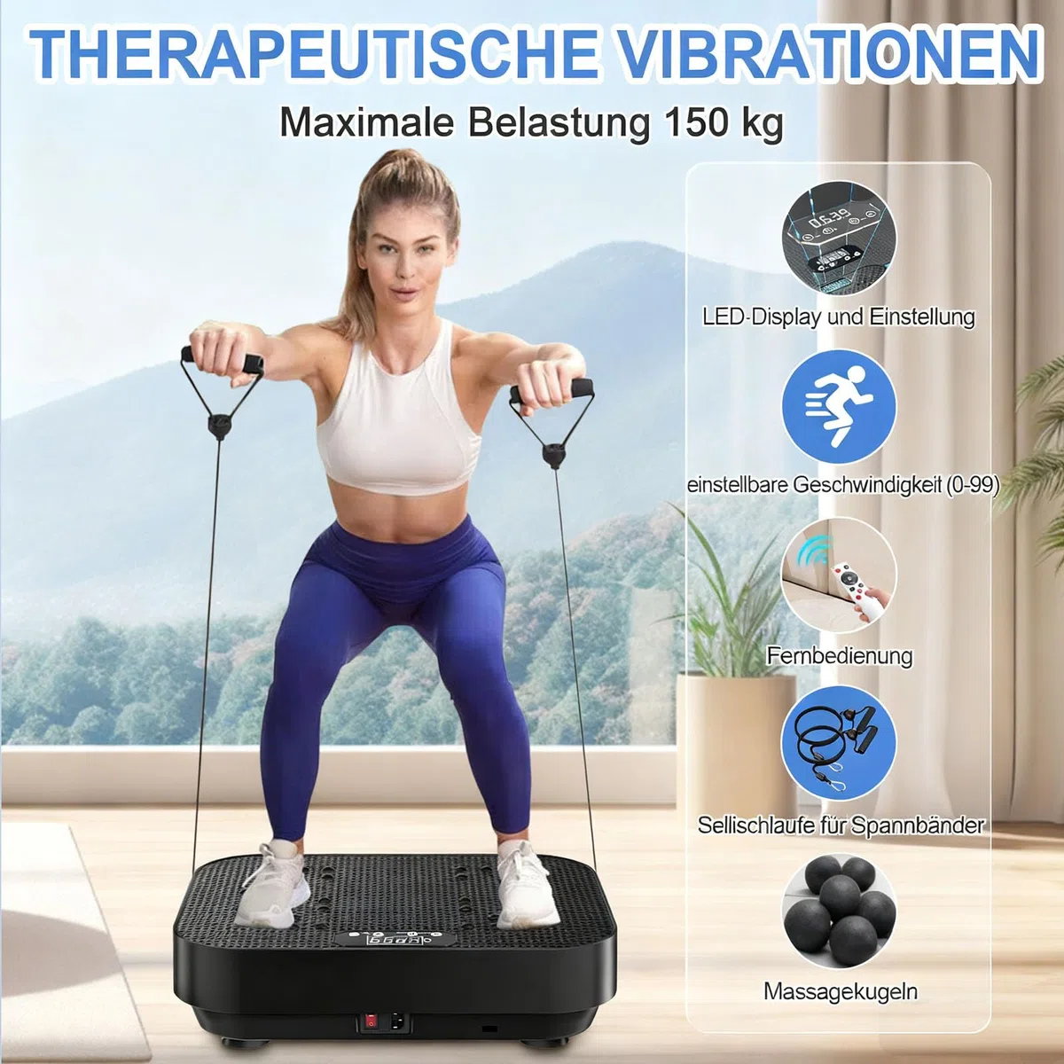 Piastra vibrante fitness con bande di allenamento, motore silenzioso, 99 livelli di intensità, piastra vibrante per la casa, piastra vibrante per la costruzione muscolare, alleviare lo stress