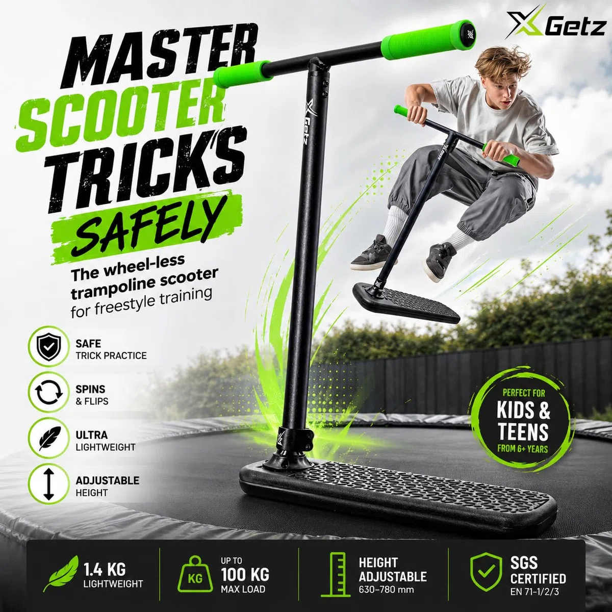 Monopattino Trampolino Acrobatico – Scooter Trick Senza Ruote per Bambini e Ragazzi 8+ – Altezza Regolabile – Ultralleggero – Allenamento Freestyle Indoor e Outdoor