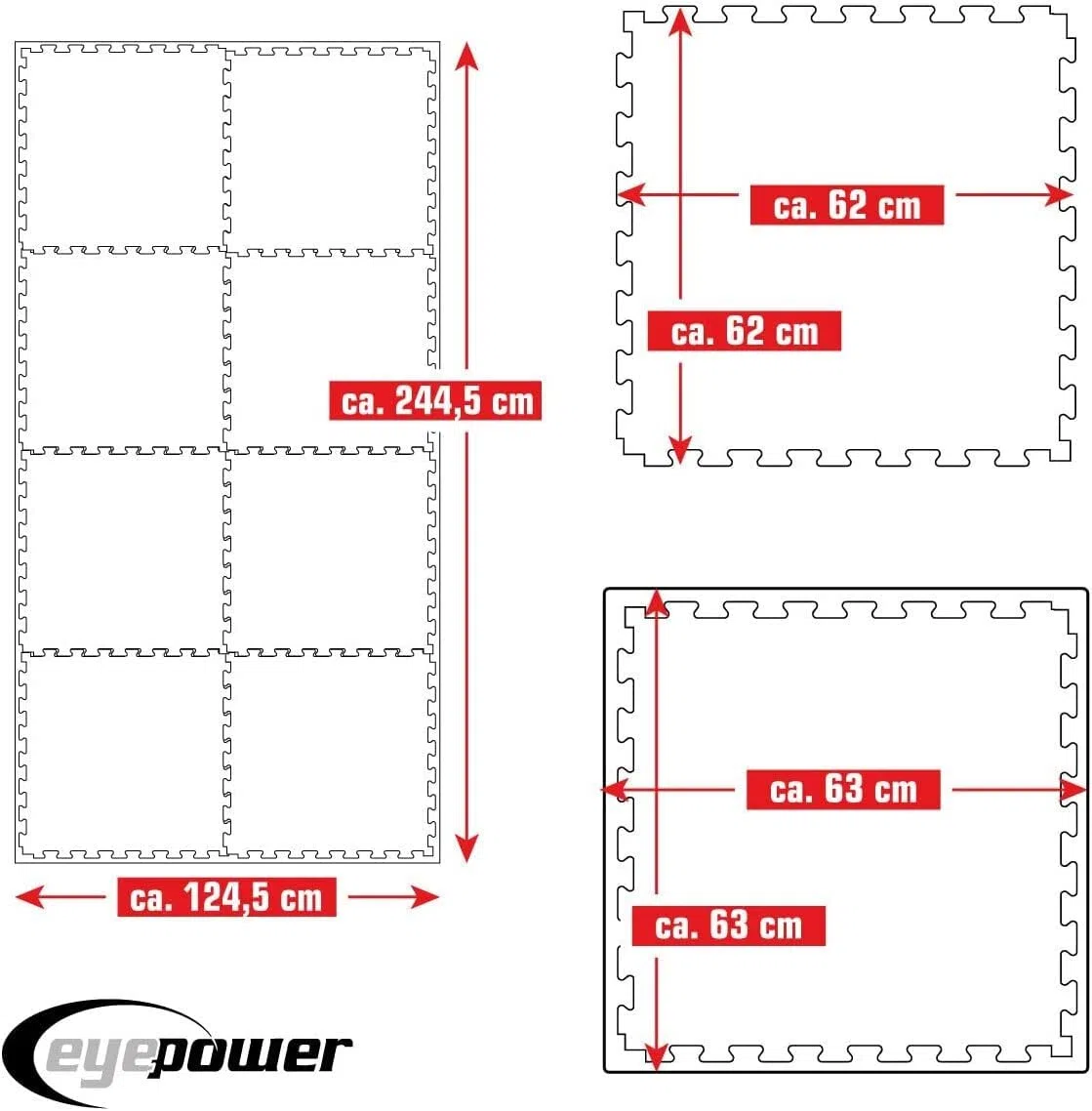 eyepower Tappetino professionale per arti marziali, spessore 2 cm, adatto per la casa, 63 x 63 cm, per la casa, la palestra, il puzzle, lo sport, set di tappetini protettivi per il fitness Homegym