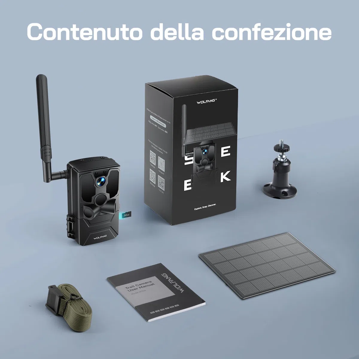 WOLFANG Fototrappola, 4G LTE Fototrappola Solare 2.5K con Scheda SIM Preinstallato e SD, Fotocamera con Allarme, Visione Notturna, Angolo 120° 82ft, Tempo di Scatto 0,2s, IP66 Impermeabile, Nero