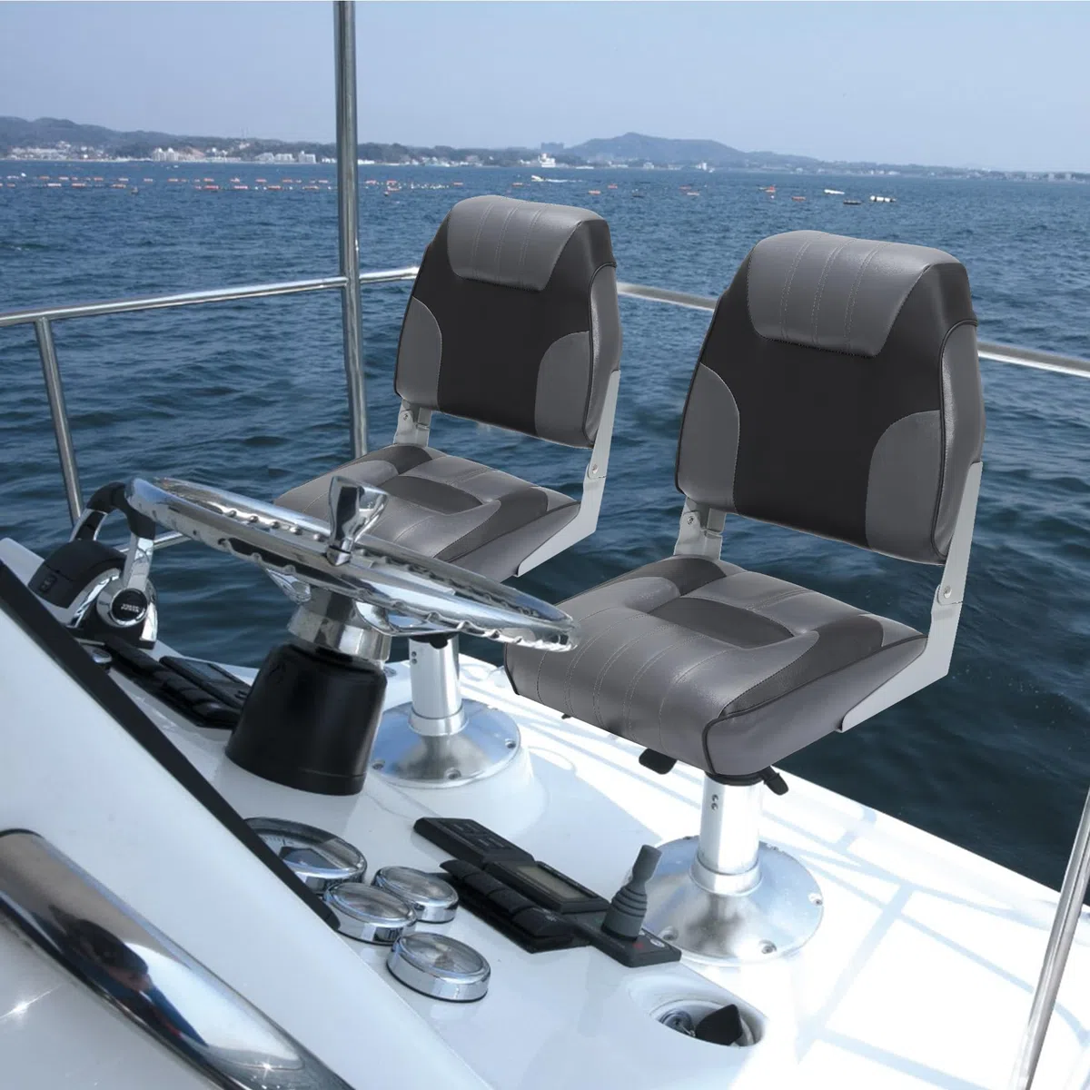 Set di 2 sedili pieghevoli per barca – Schienale basso – Imbottitura spessa e impermeabile – Facile montaggio – Perfetti per pesca, gite, motoscafi – Con viti in acciaio inox – Nero e grigio