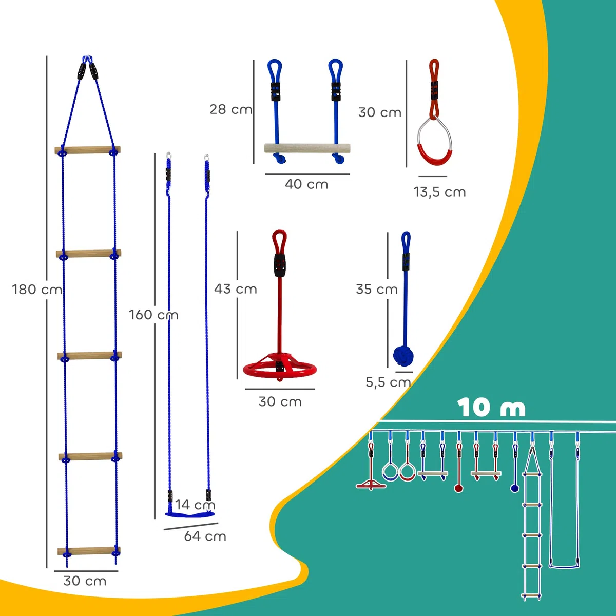 AIYAPLAY Ninja Line - Set Slackline per bambini, 10 m, con anelli da ginnastica, altalena, scaletta per arrampicate, protezione per alberi, aste da arrampicata, vassoio sospeso, set da gioco per