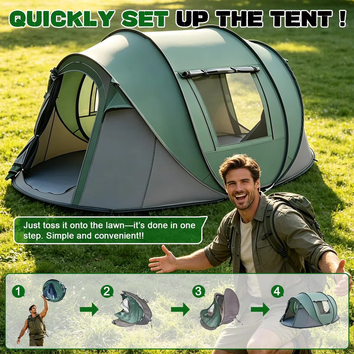 Tenda da Campeggio Pop-up per 4-5 Persone, Tenda Automatica in 3 Secondi, Impermeabile, Protezione Solare, Tenda Familiare a Cupola Portatile Leggera per Campeggio All'aperto