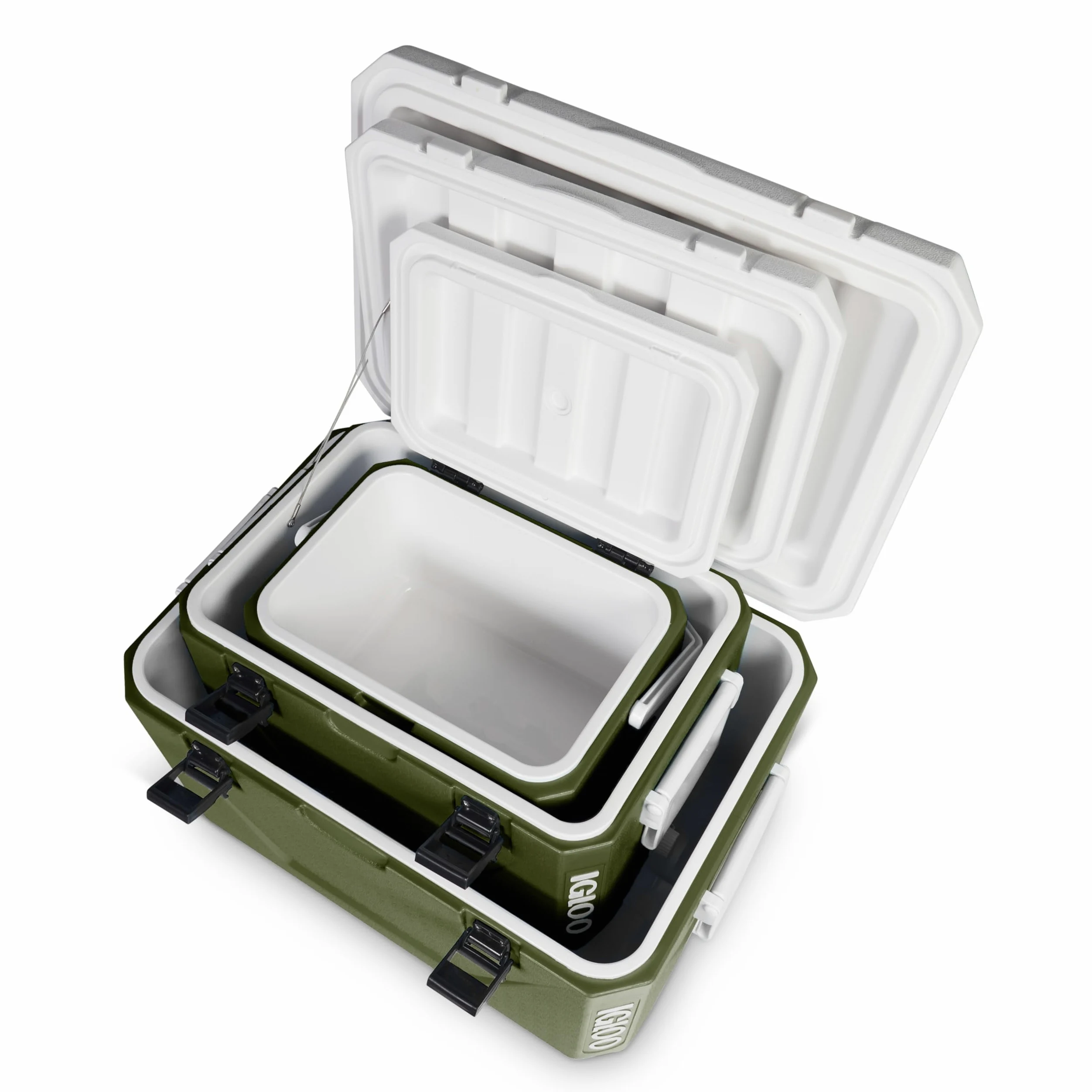 IGLOO Set di ghiacciaie passive impilabili 55 L + 27 L + 11 L – Contenitori termici leggeri & resistenti per campeggio, spiaggia & outdoor – Design salvaspazio impilabile, Verde
