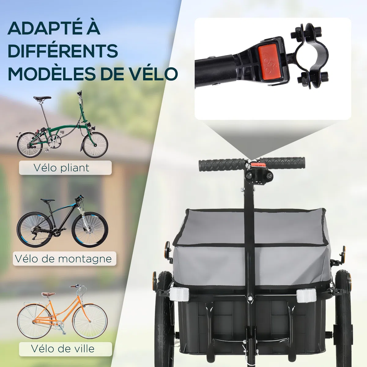 HOMCOM Rimorchio per bicicletta, rimorchio da trasporto, per bicicletta, 144 x 59 x 80 H cm, barra di traino universale, in acciaio, nero, grigio