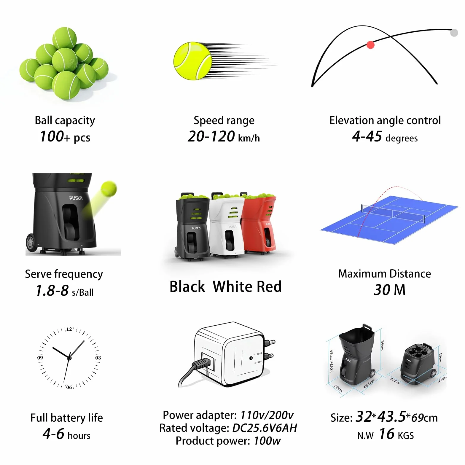PT-Smart, macchina automatica per palline da tennis, con telecomando wireless, ad alta capacità, con impostazioni di velocità multiple, perfetta per allenamento da soli e auto-allenamento