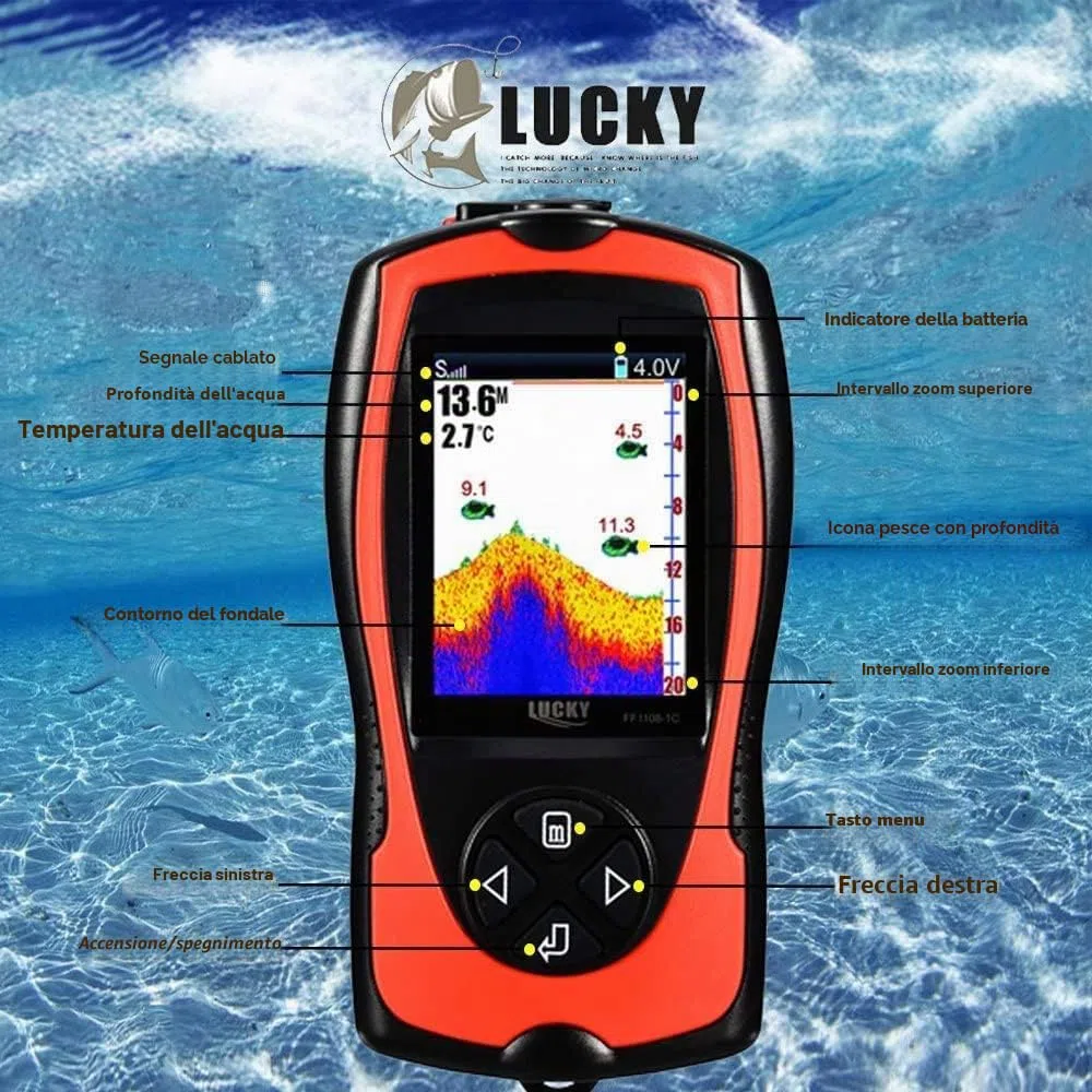 LUCKY Ecoscandaglio da Pesca Portatile Sensore Sonar Trasduttore Cercatore di profondità dell'acqua Schermo a cristalli liquidi Ecoscandaglio Fish Lampada Attraente Sul Ghiaccio Pesca in Mare