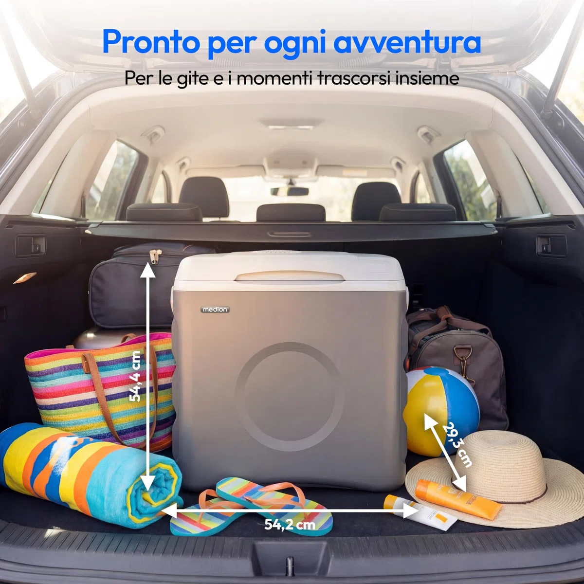 MEDION Borsa frigo termolettrica portatile 35 L, funzione raffreddamento e mantenimento caldo, 12 V accendisigari 230 V rete USB 5 V alimentazione, per auto barca campeggio, MD370030, grigio
