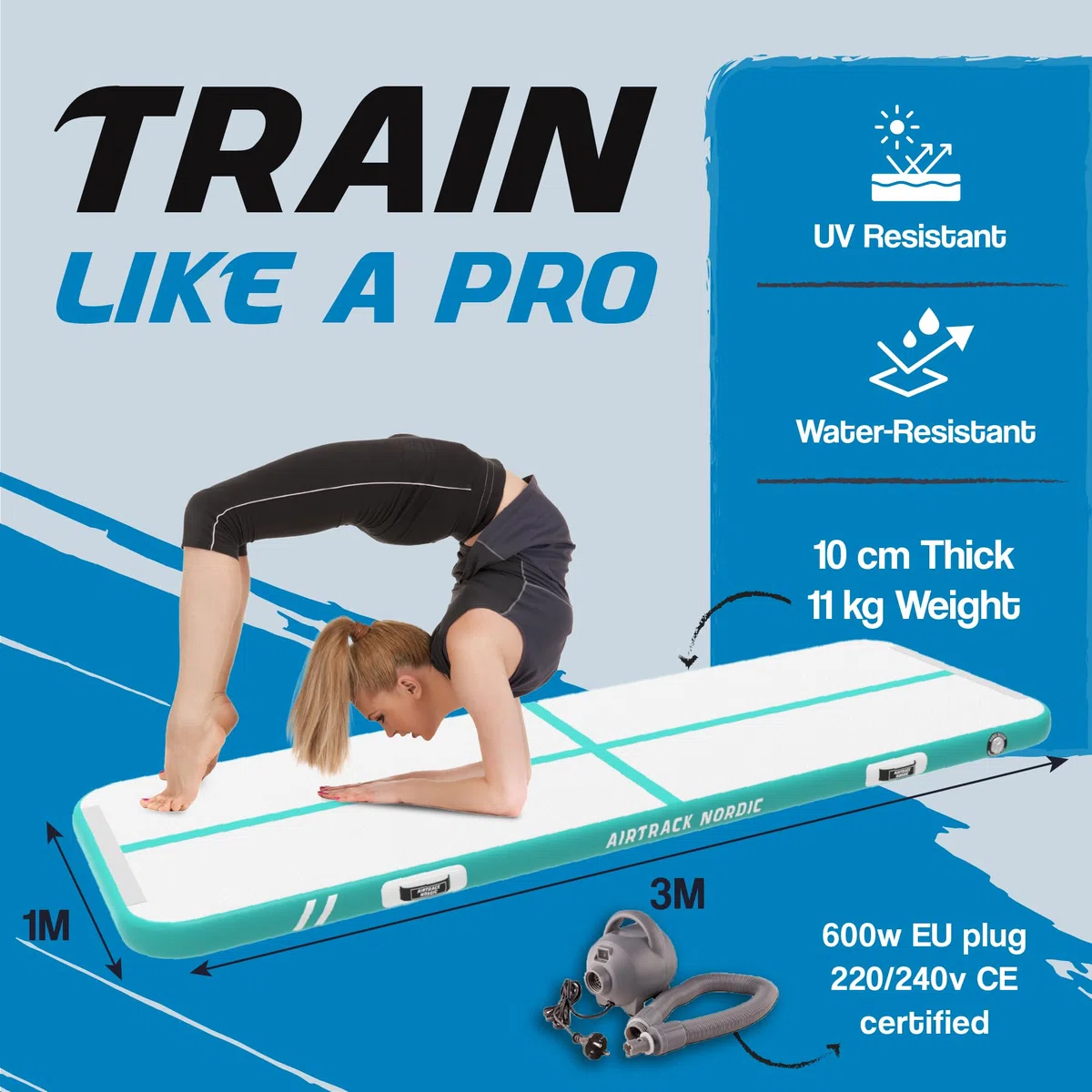 AirTrack Nordic Home 3m – Tappeto ginnastica gonfiabile artistica – Air Track con pompa aria elettrica & borsa trasporto – Qualità premium & resistente – Per ginnastica, tumbling, yoga, fitness & casa