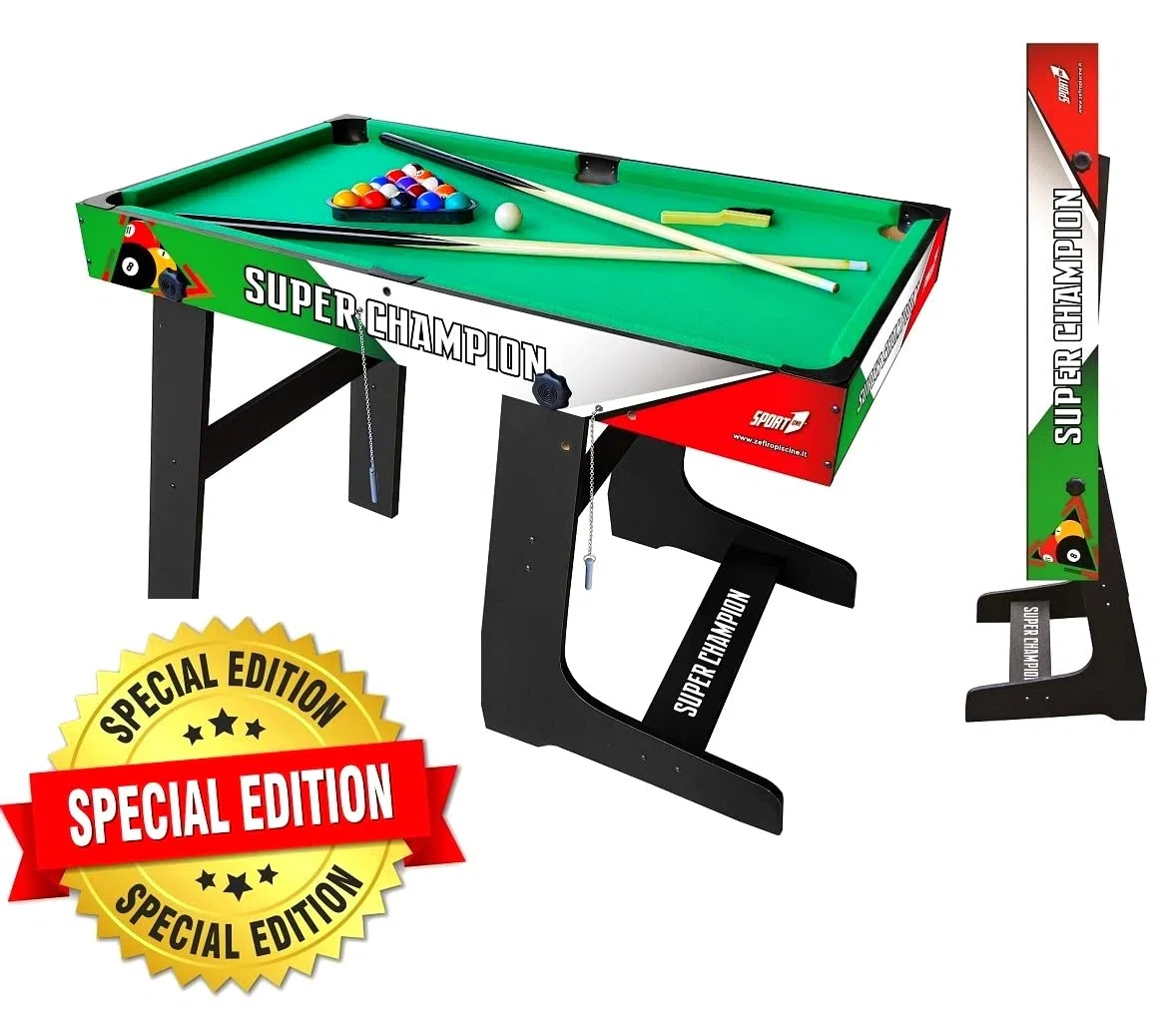 Tavolo da Biliardo Sport One Super Champion Italy Verticale Salvaspazio - Cm. 122 X 61 X 76 con Tutti gli Accessori - SPECIAL EDITION - NOVITA