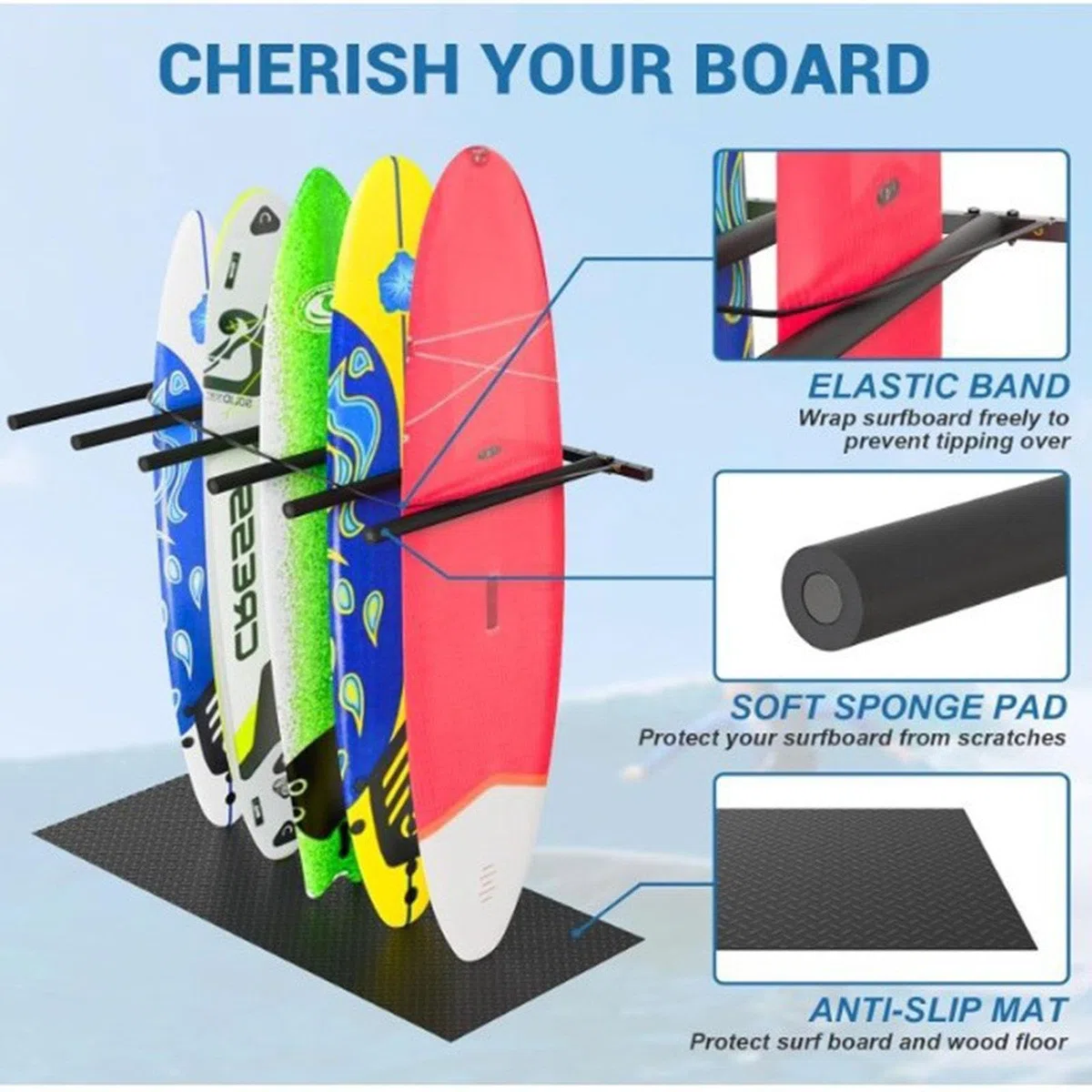 Porta Tavola da Surf Supporto Verticale Rastrelliera da Muro Espositore per 6 Tavole E Organizzatore per con Costruzione Resistente Adatto per Sp