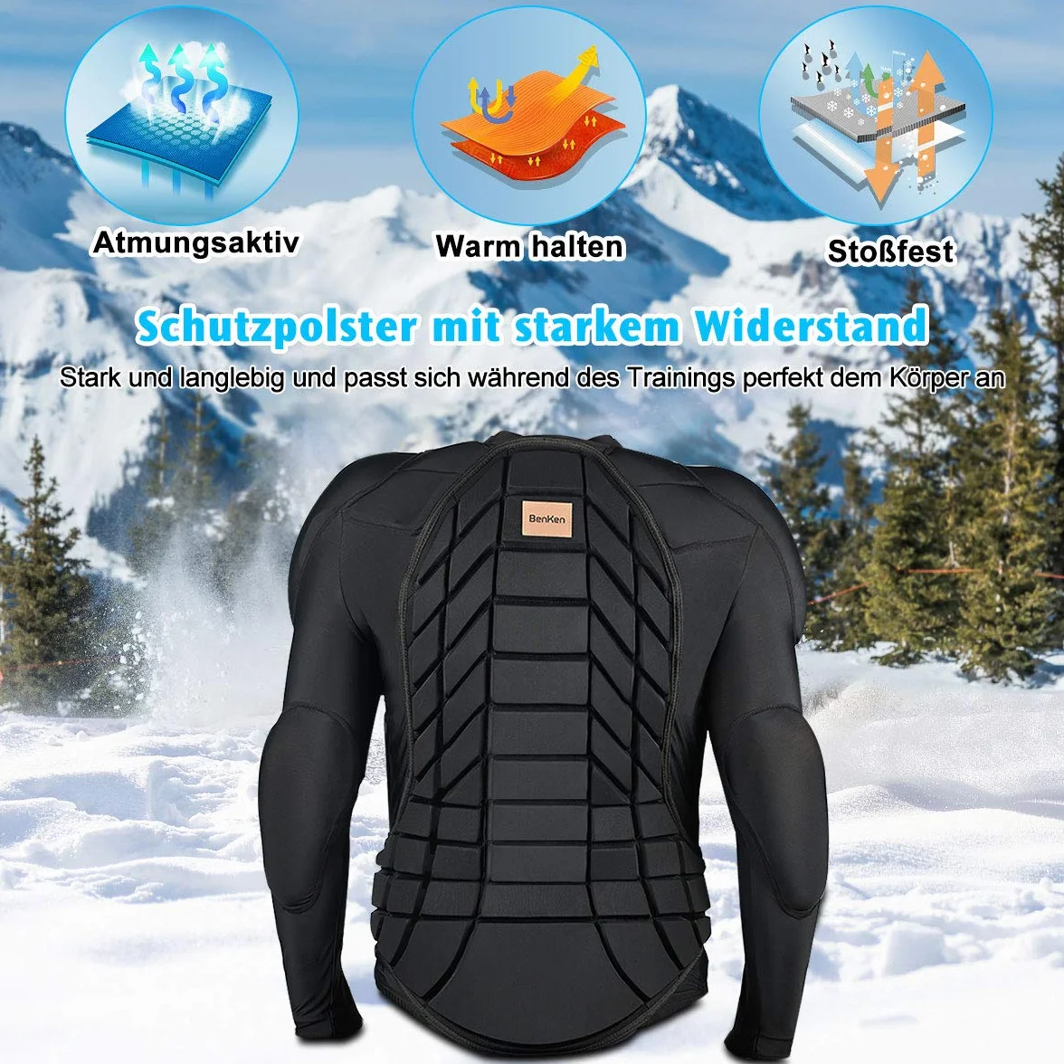 Benken - Sotto giacca regolabile da sci a maniche lunghe Protector Guard Gear Pad con fodera protettiva per schiena e spalle, regolabile per donna e uomo Top Upper Padded Armor