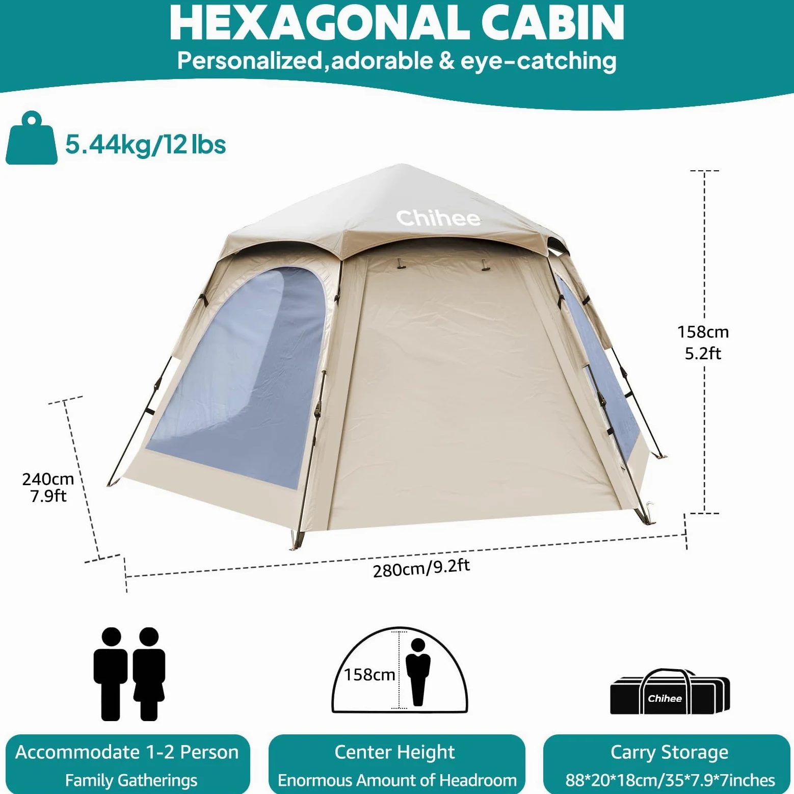 Chihee Tende da campeggio Pop Up Tenda esagonale Installazione facile Instant famiglia cabina con parapioggia Impermeabilizzazione Protezione UV A prova di vento Rifugio all'aperto