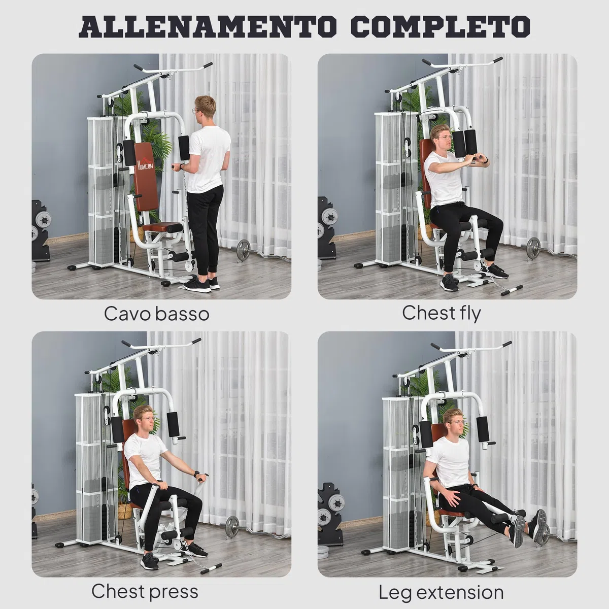 HOMCOM Stazione Fitness con Pull Down, Chest Press, Flessioni, Allungamenti delle Gambe e Vogate, Palestra Multifunzione in Acciaio con Peso di 45 kg, per Home Gym Casa, 150x110x210 cm, Bianco