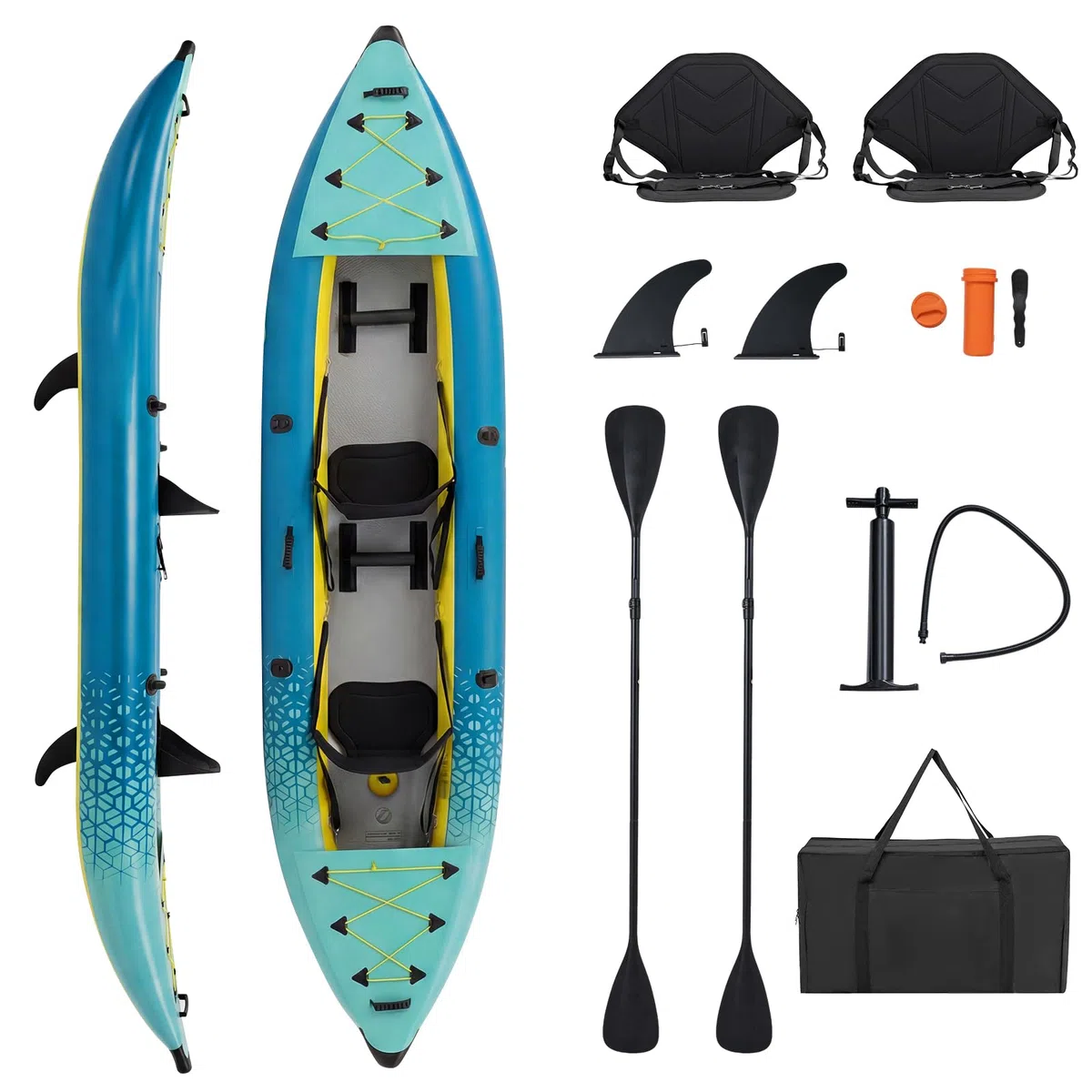 COSTWAY Kayak Gonfiabile 2 Posti, Kayak da Pesca Gonfiabile e Portatile 381 cm con 2 Sedili Imbottiti e Poggiapiedi Regolabili, Remi in Alluminio, Pompa a Mano, Ideale per Lago e Mare