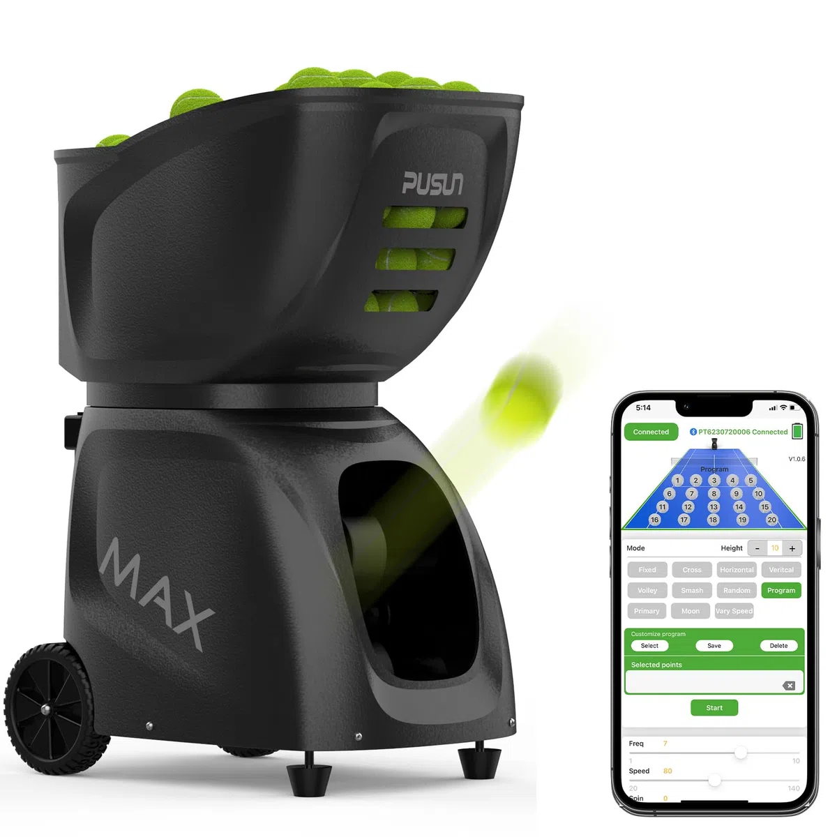 PT-Max C - Macchina per palline da tennis con telecomando, lanciatore da 12-87 km/h, rotazione superiore/posteriore/laterale, capacità di oltre 150 palline, controllo app per Android, iPhone, Apple