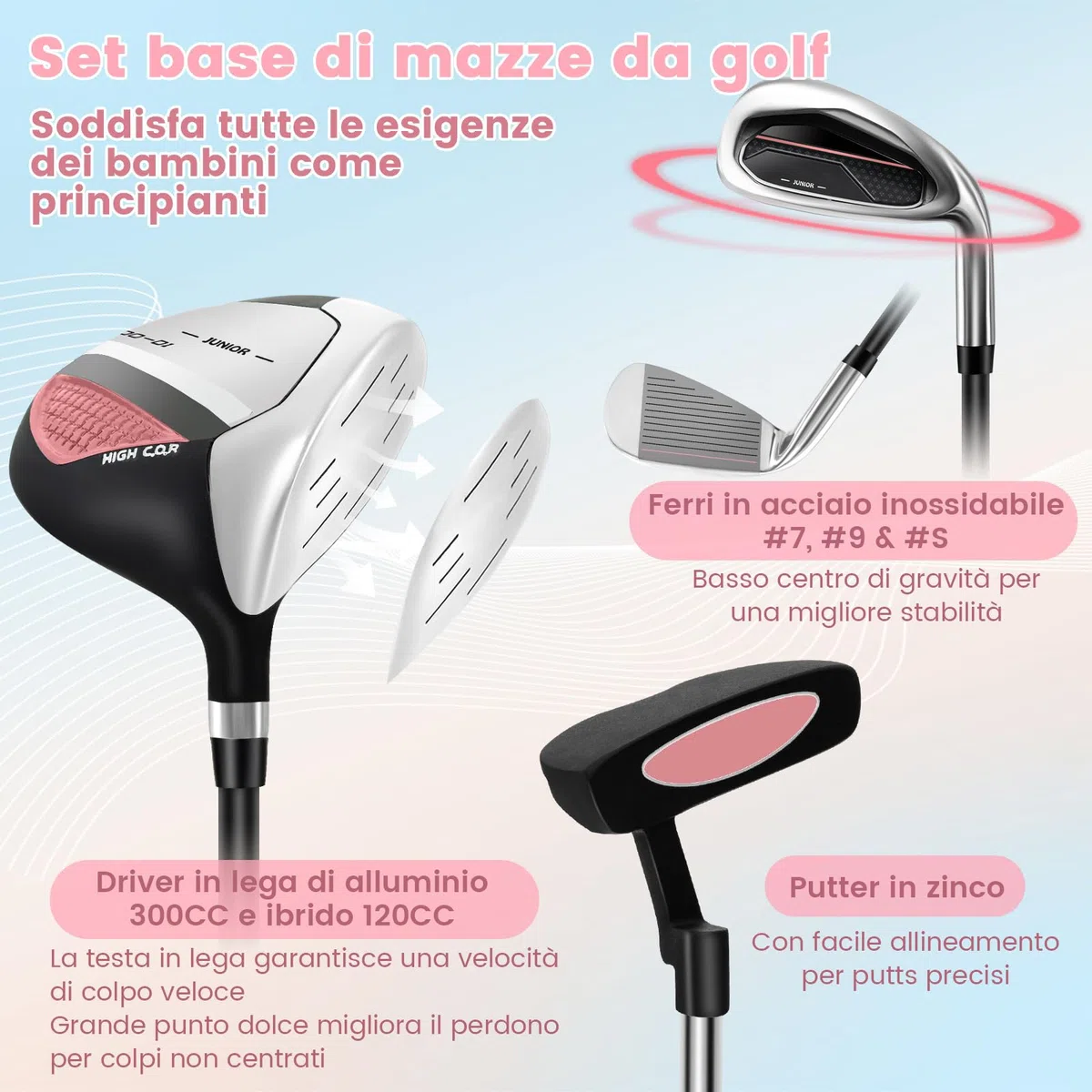 COSTWAY Set di Mazze da Golf per Bambini con Sacca, Fodera Impermeabile, Driver 1, Ibrido 5, Ferro 7, Ferro 9, Ferro S e Putter, Set Allenamento Golf per 11-13 Anni, Destrorso
