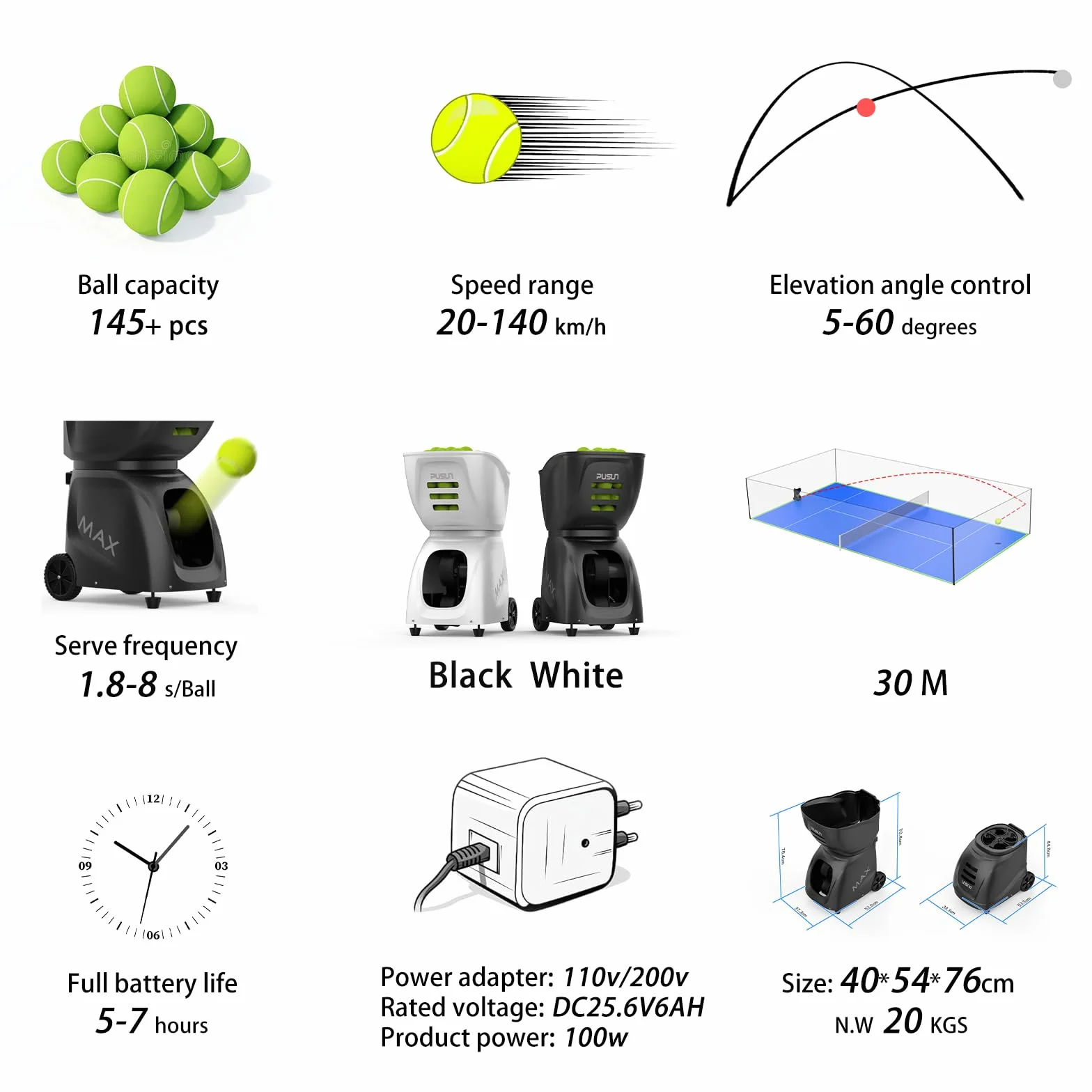 PT-Max C Padel Tennis Machine Pro, lanciatore automatico di palline con telecomando, sistema di allenamento intelligente con controllo della velocità (12-87 mph), display digitale, batteria integrata,