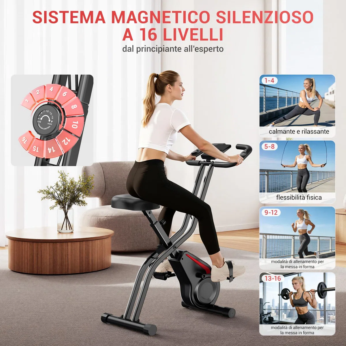 CURSOR cyclette da casa pieghevole Ergometer, cyclette pieghevole 5-in-1 con Resistenza Magnetica a 16 Livelli, cyclette per casa Bici da Camera con Sedile Comodo, Massimo 136kg