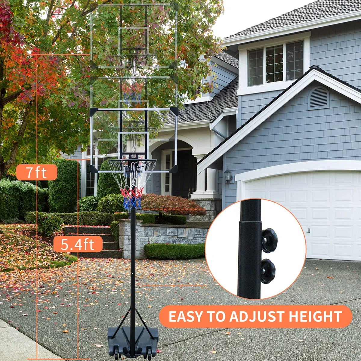 HIONRE Set di canestro da basket trasparente da 2,1 m, professionale, per esterni, con ruote, altezza regolabile 165 cm-213 cm, nero