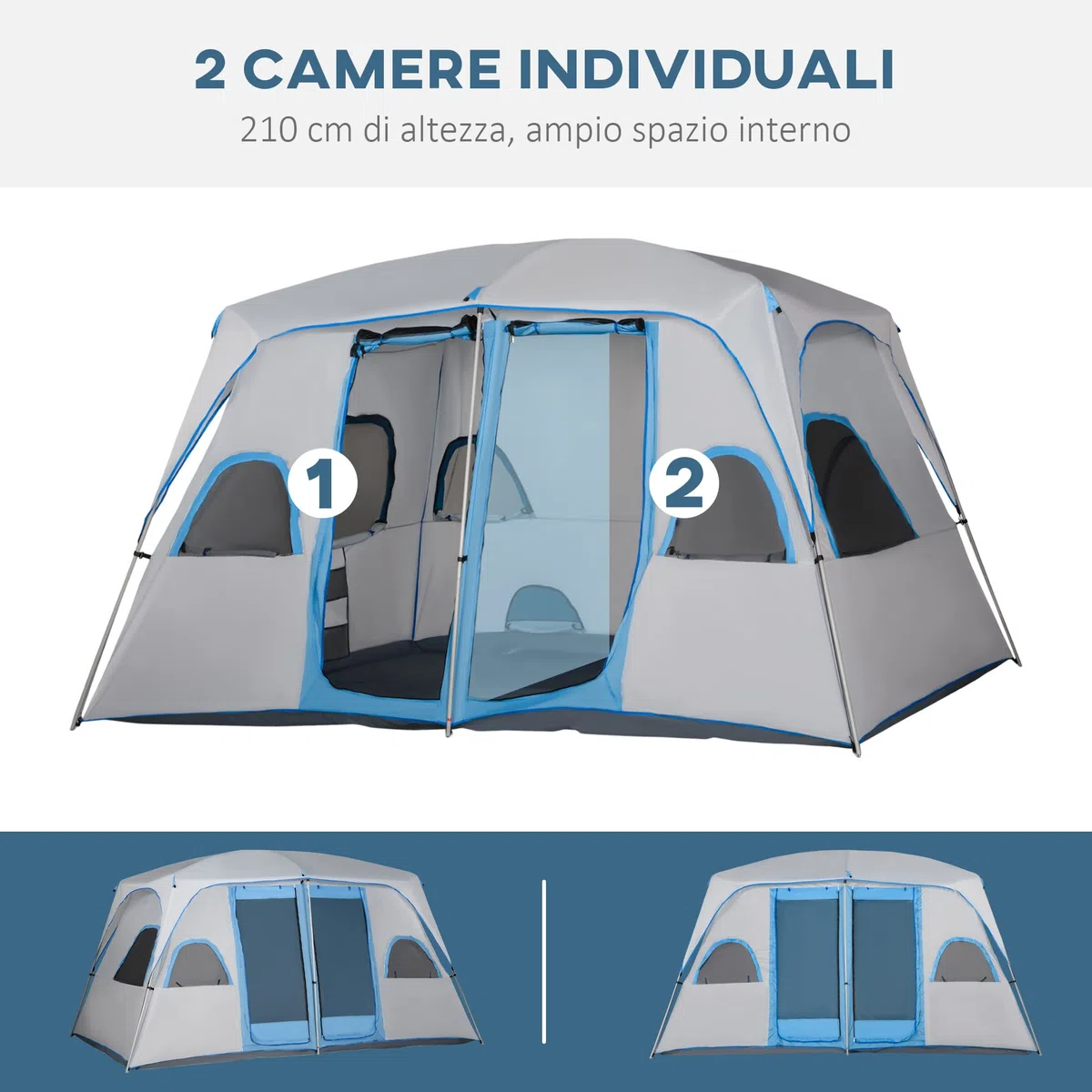 Outsunny Tenda da Campeggio 4 Persone con 2 Stanze e Finestre a Rete, Tenda a Casetta Anti UV e Impermeabile, 400x275x210 cm, Grigia