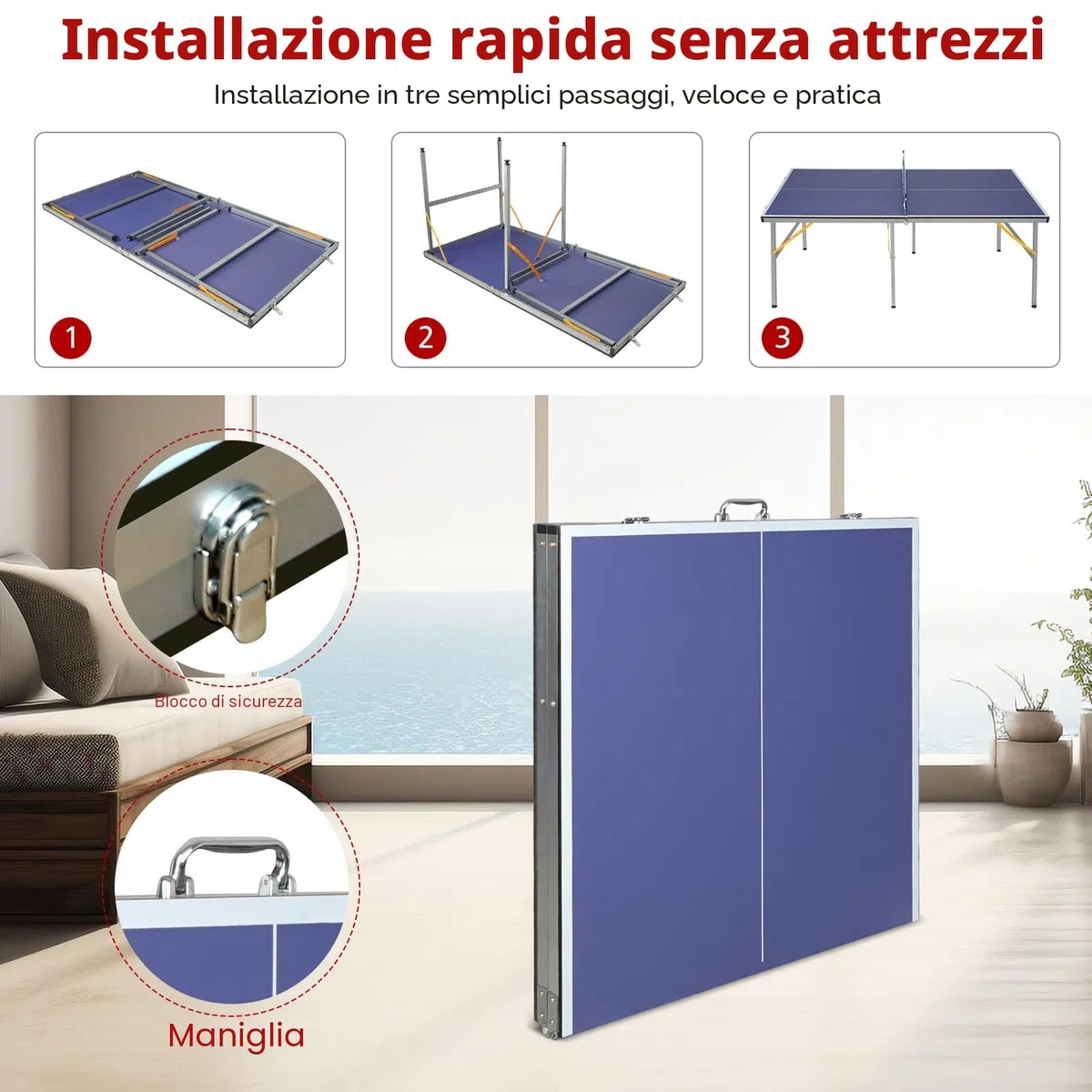Tavolo da ping pong di medie dimensioni per interni ed esterni, pieghevole e portatile, con rete, 2 racchette da ping pong e 3 palline