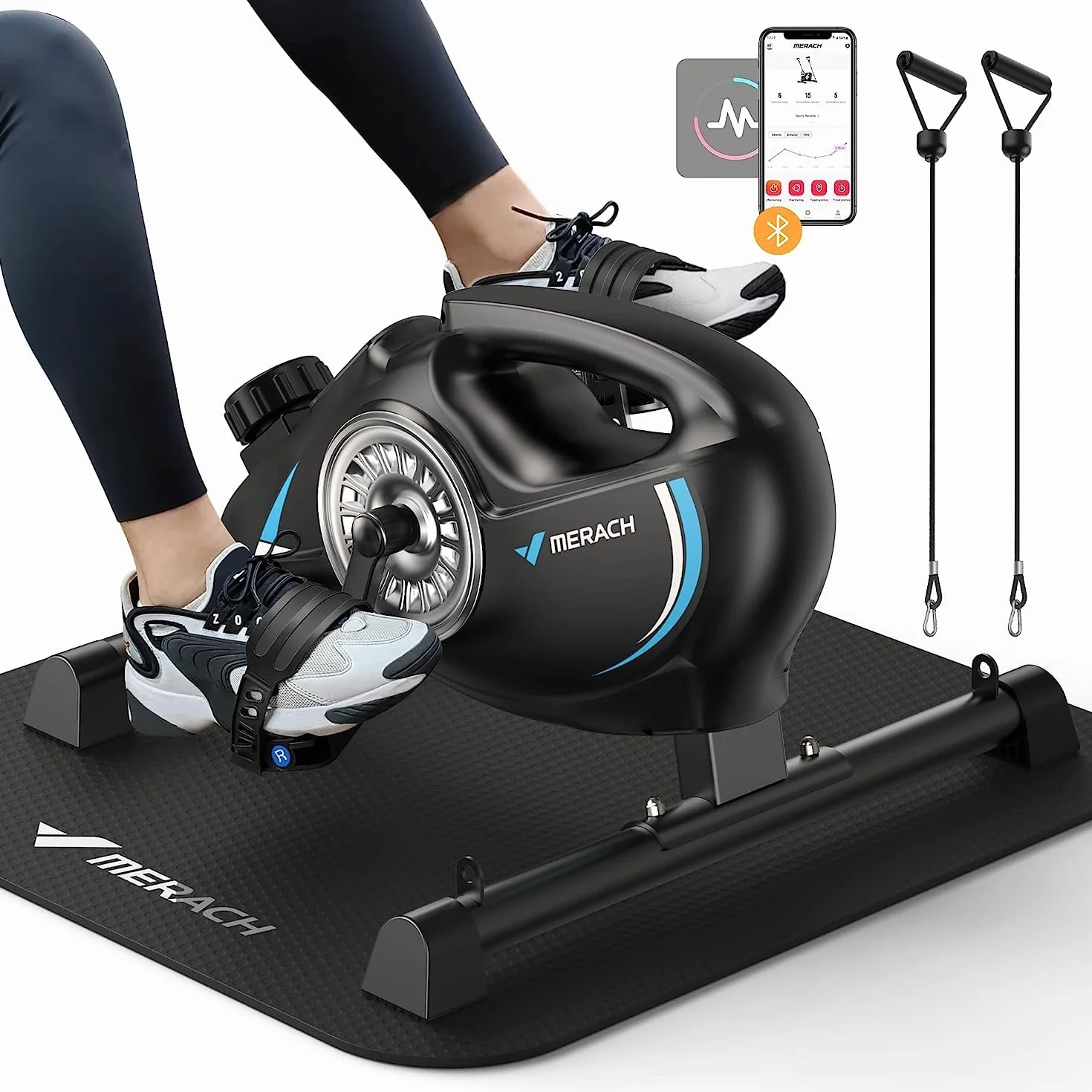 MERACH Cyclette da Seduti, Pedaliera Trainer per Gambe per Casa, Mini Cyclette con 2 Fasce di Resistenza e Tappetino Antiscivolo, Dispositivo Fitness per Home Trainer per Ufficio a Casa, Salvaspazio