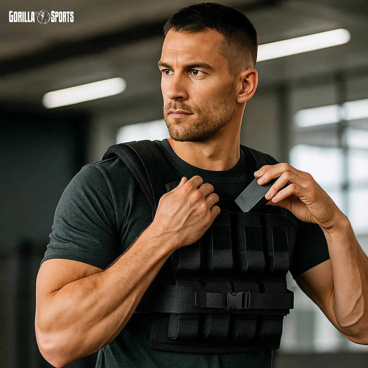 GORILLA SPORTS® Giubbotto Zavorrato - 10/20/30 kg, Regolabile, Ferro, Schiuma TPE, Nylon, Vestibilità Universale, Nero - Weighted Vest, Gilet con Pesi, Gilet Zavorrato con Pesi Inclusi