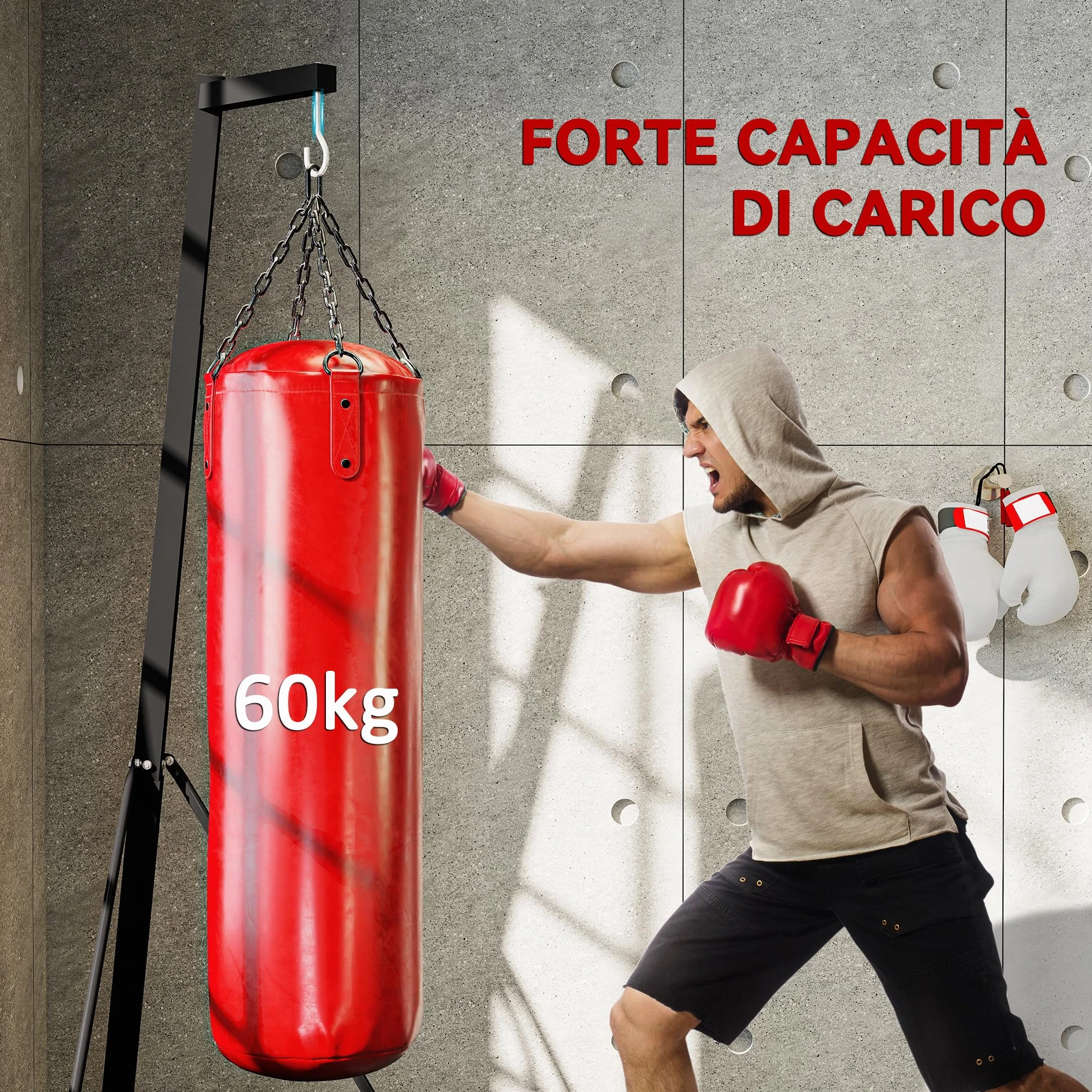 SPORTNOW Supporto Sacco da Boxe Regolabile in Altezza e Autoportante, Sostegno con Base Triangolare e Supporto per Pesi, Max 60kg, 170x90x182-225 cm, Nero