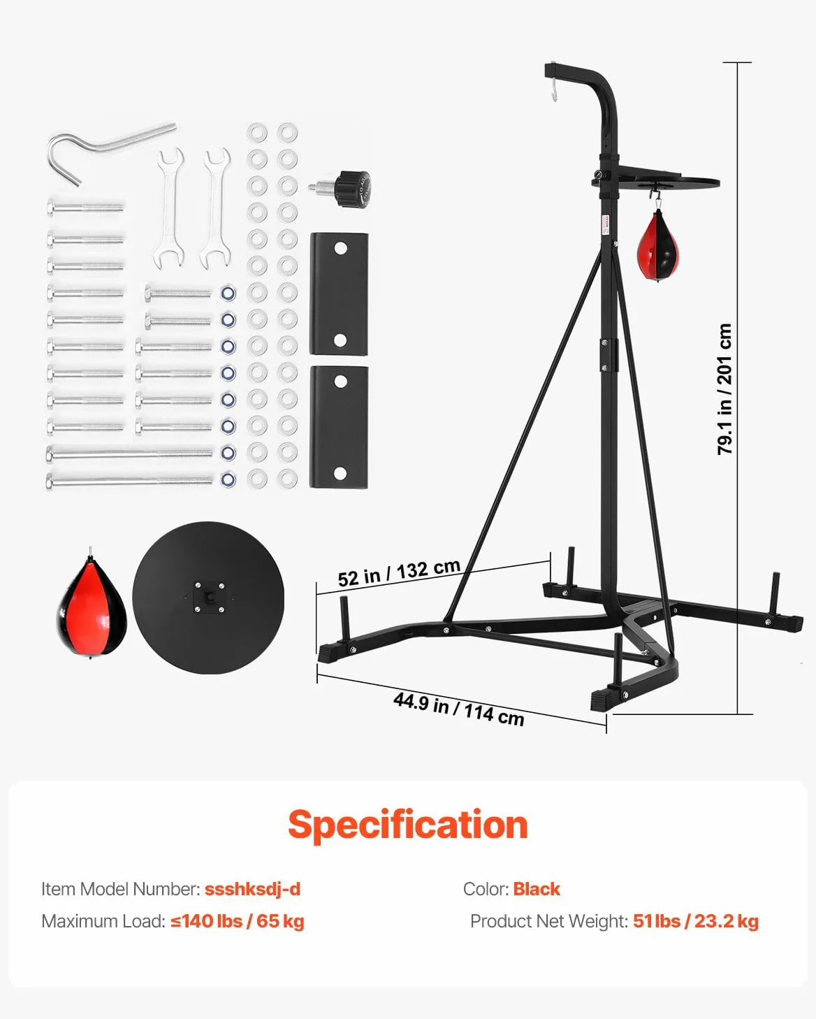 VEVOR Supporto per Sacco da Boxe, Attrezzatura per Allenamento Regolabile in Altezza, Supporta 65 kg, con Base Appesantita, Sacco per Allenamento Palestra Casa, Nero 132x114x201 cm