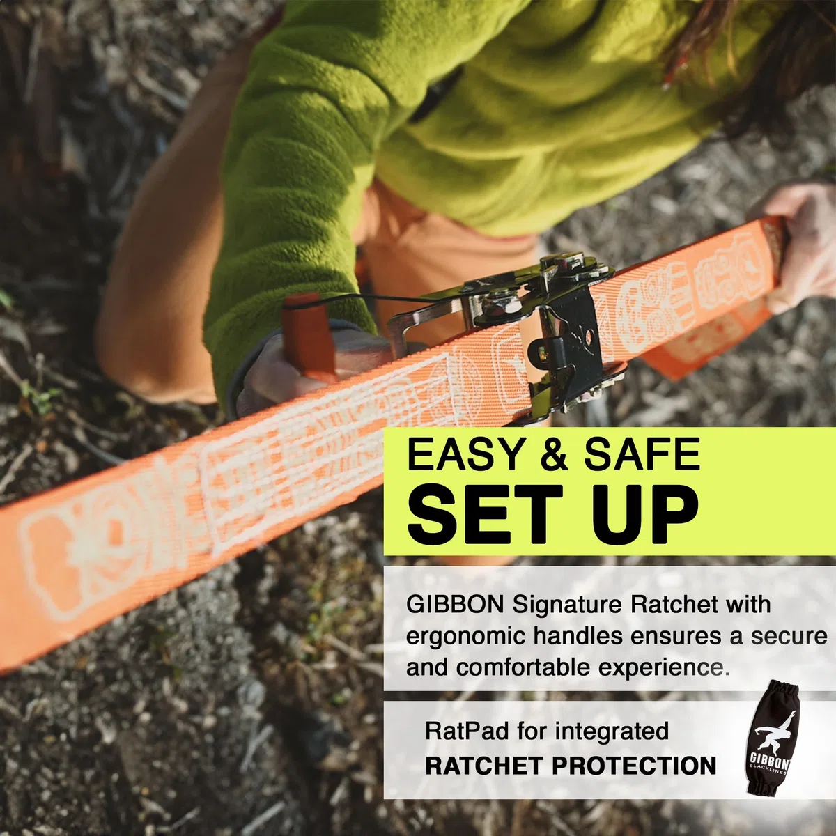 Gibbon Slacklines, Travel Line, con Treewear, marrone, 15 metri (12,5 m di fettuccia + 2,5 m con cricchetto cucito) larghezza 2"/5 cm