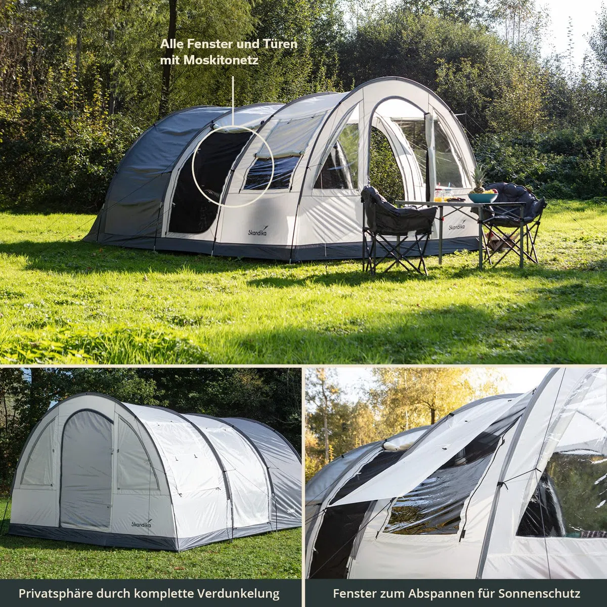 Skandika Simo 4/5 Protect | Tenda da campeggio familiare a tunnel, fondo cucito, colonna d'acqua 3000 mm, cabine oscurate, zanzariera, 3 ingressi