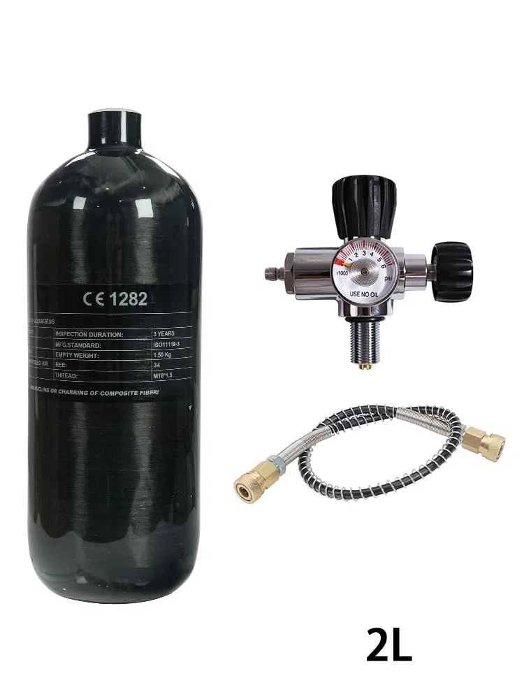TUXING Serbatoio d'aria in fibra di carbonio da 2 litri 4500 psi (bottiglia vuota) e stazione di riempimento per paintball con indicatore di regolazione della valvola per il gioco PCP