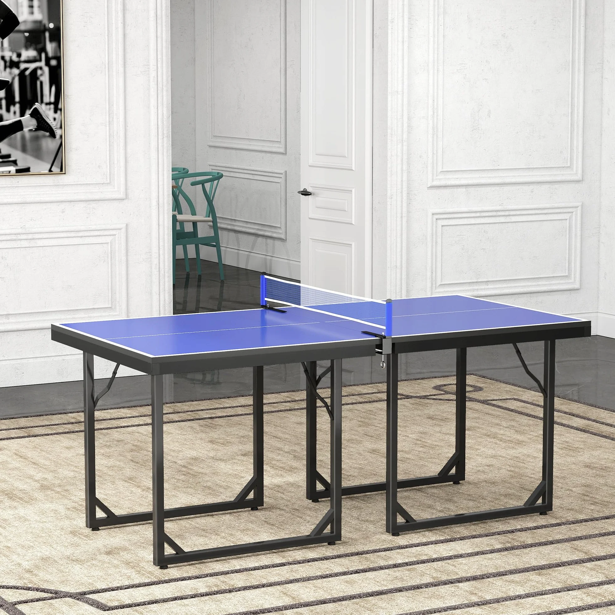 HOMCOM Tavolo da Ping Pong Pieghevole per Interni, Tavolo Ping Pong con Rete, Montaggio Non Richiesto, Blu e Viola