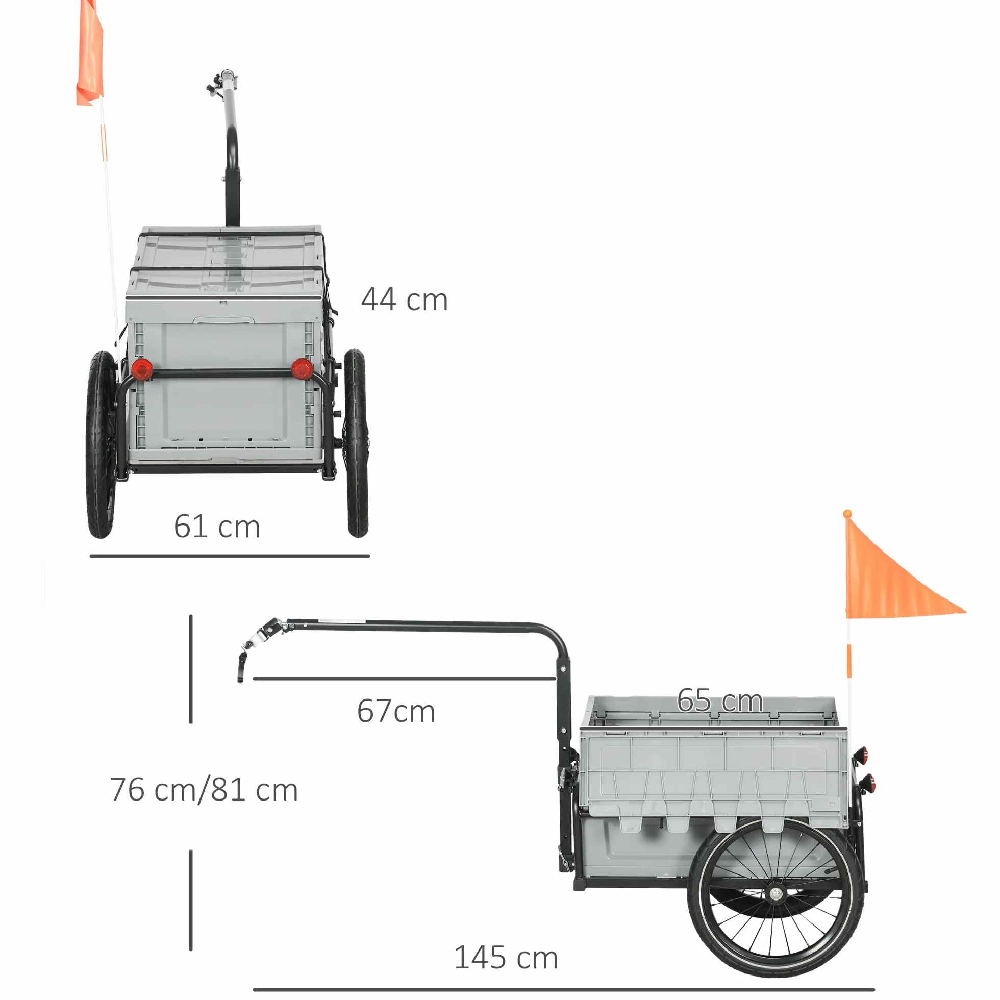 HOMCOM Rimorchio per bicicletta con cassetto portaoggetti estraibile pieghevole da 65 l, pneumatici e riflettori di sicurezza, carico massimo 40 kg, grigio