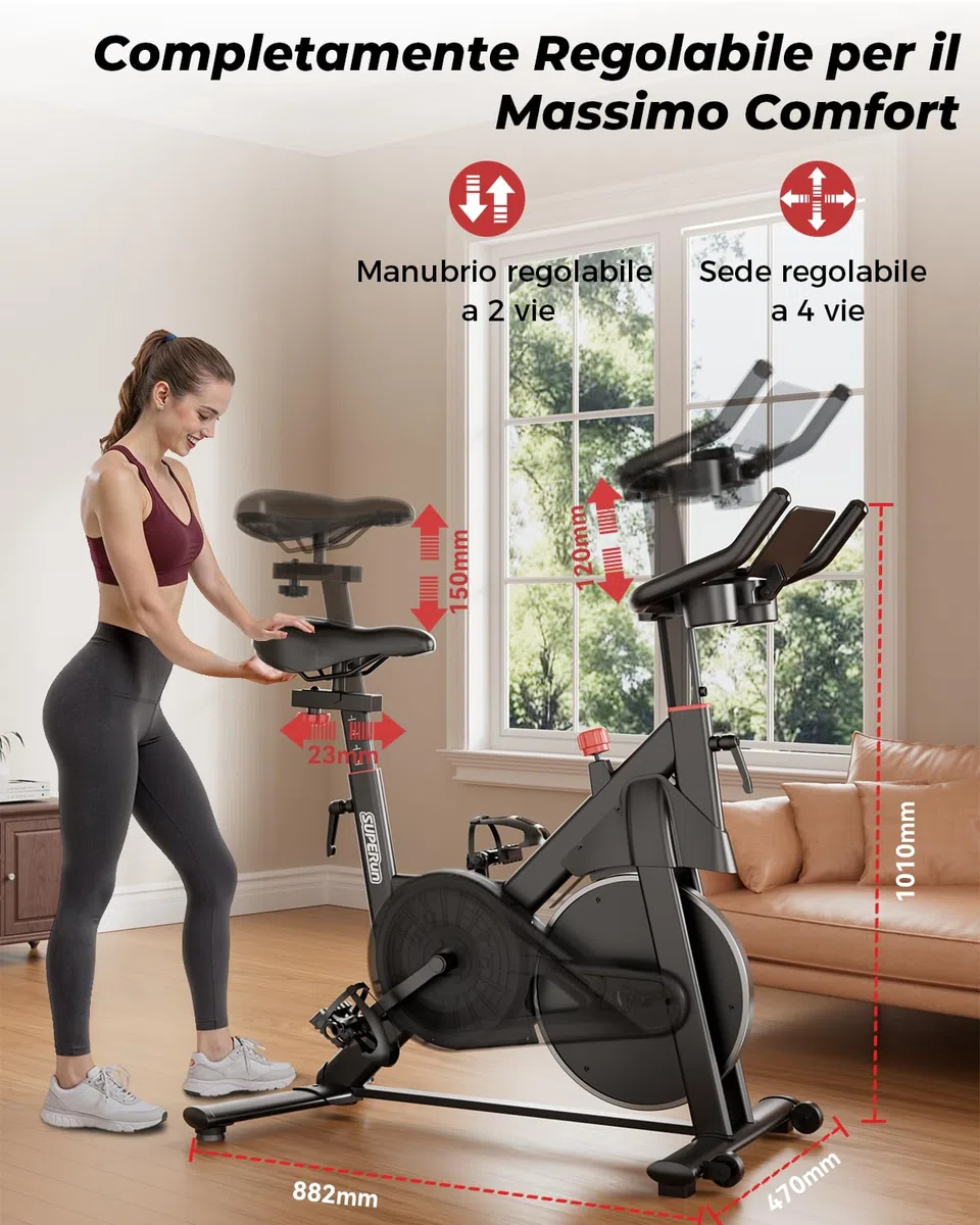Superun Cyclette da Casa Magnetica a 32 Livelli, Cyclette per Casa Controllo APP, Cycletta Spinning Ultra Silenziosa, Spin Bike Sedili Comodi e Traspiranti, Aerobico Domestico, Supporto fino a 136KG