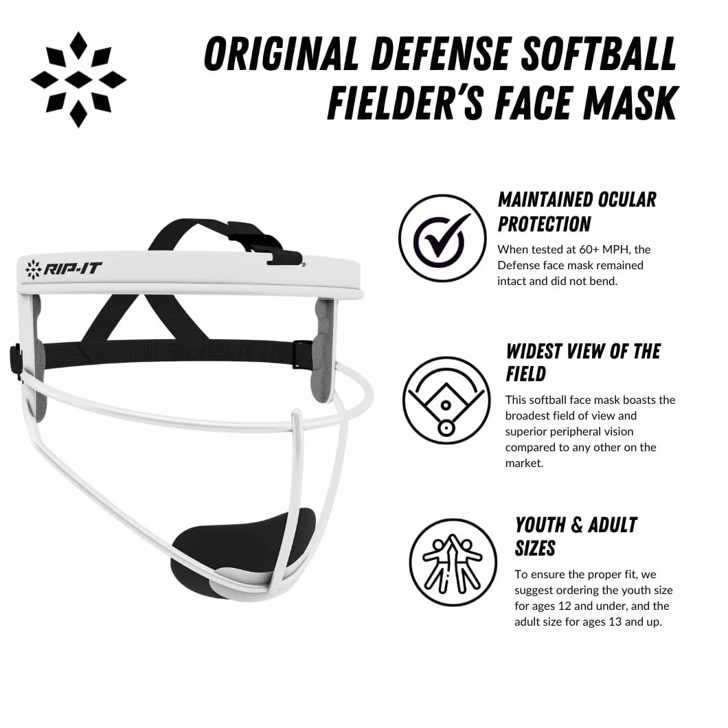 RIP-IT Defense Softball Fielder's Mask, Taglio Leggero e Sicuro per la Massima Protezione e Comfort, Non ostacola la Vista, Adatto per Code di Cavallo