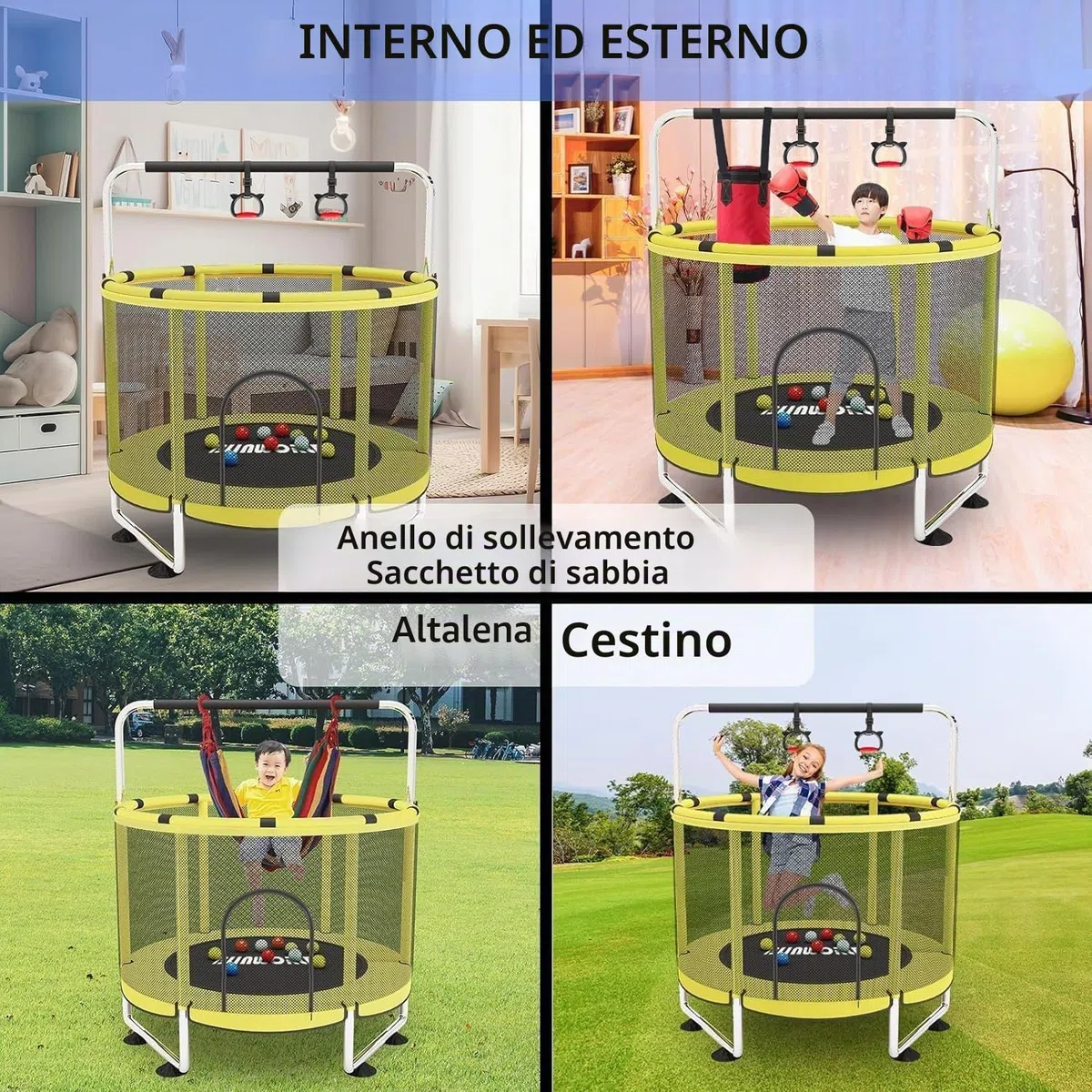 Trampolino per bambini, regolabile, con canestro da basket, 200 kg, per interni ed esterni, con recinzione