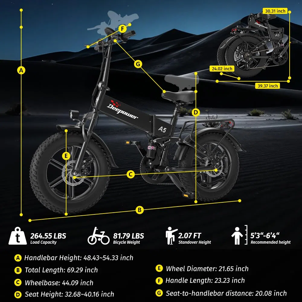 DEEPOWER Bici Elettrica Pieghevole per Adulti, Batteria Estraibile 48V 15.6Ah, Autonomia 110KM, Motore Coppia 85 N·m, Pneumatici Fat 20'' x 4.0, Cambio a 7 Velocità, Sospensione Completa (Blu)