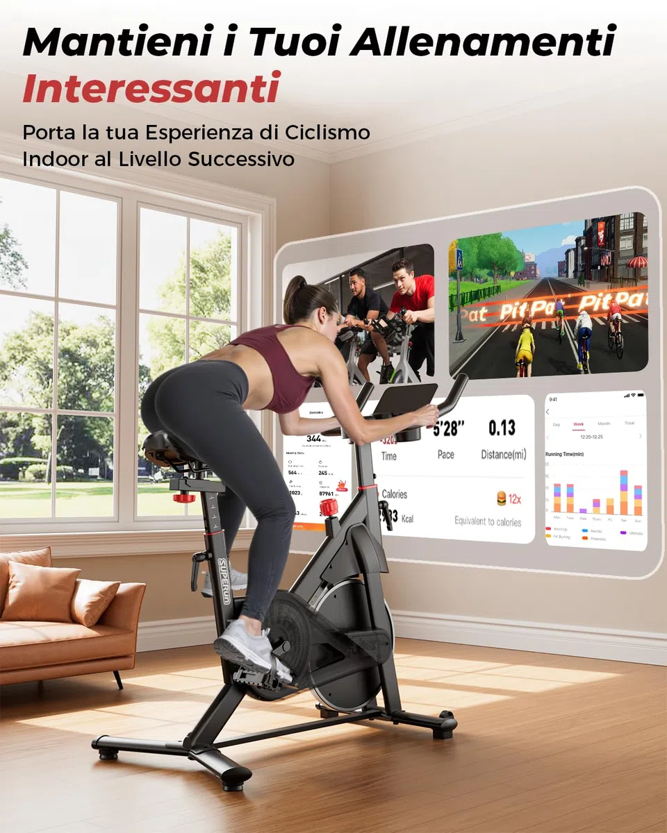 Superun Cyclette da Casa Magnetica a 32 Livelli, Cyclette per Casa Controllo APP, Cycletta Spinning Ultra Silenziosa, Spin Bike Sedili Comodi e Traspiranti, Aerobico Domestico, Supporto fino a 136KG