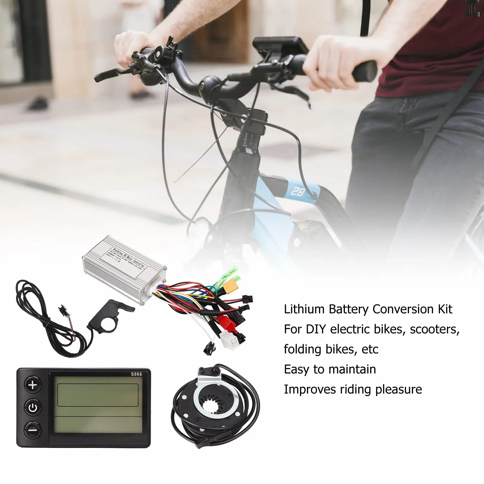 BuyWeek Kit Controller Motore Brushless Bici Elettrica, 24V 36V 48V 250W 350W Bicicletta Elettrica 17a Controller S866 Display LCD Misuratore Pollice Acceleratore 8 Sensore di Assistenza Magnetica